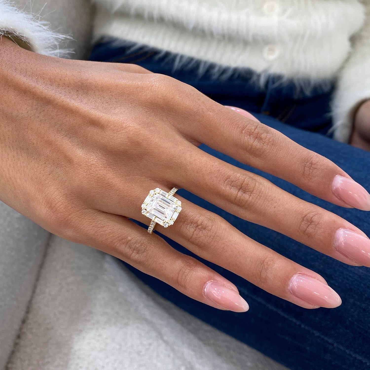 14K White/Yellow Gold Moissanite 3.15 TCW (2.5ct Center, VVS1 Clarity, D-E Color Emerald Shape) Engagement Ring With Baguette  Round Shaped Side Stones Promise Rings Gift For Her Rings For Women · v4
