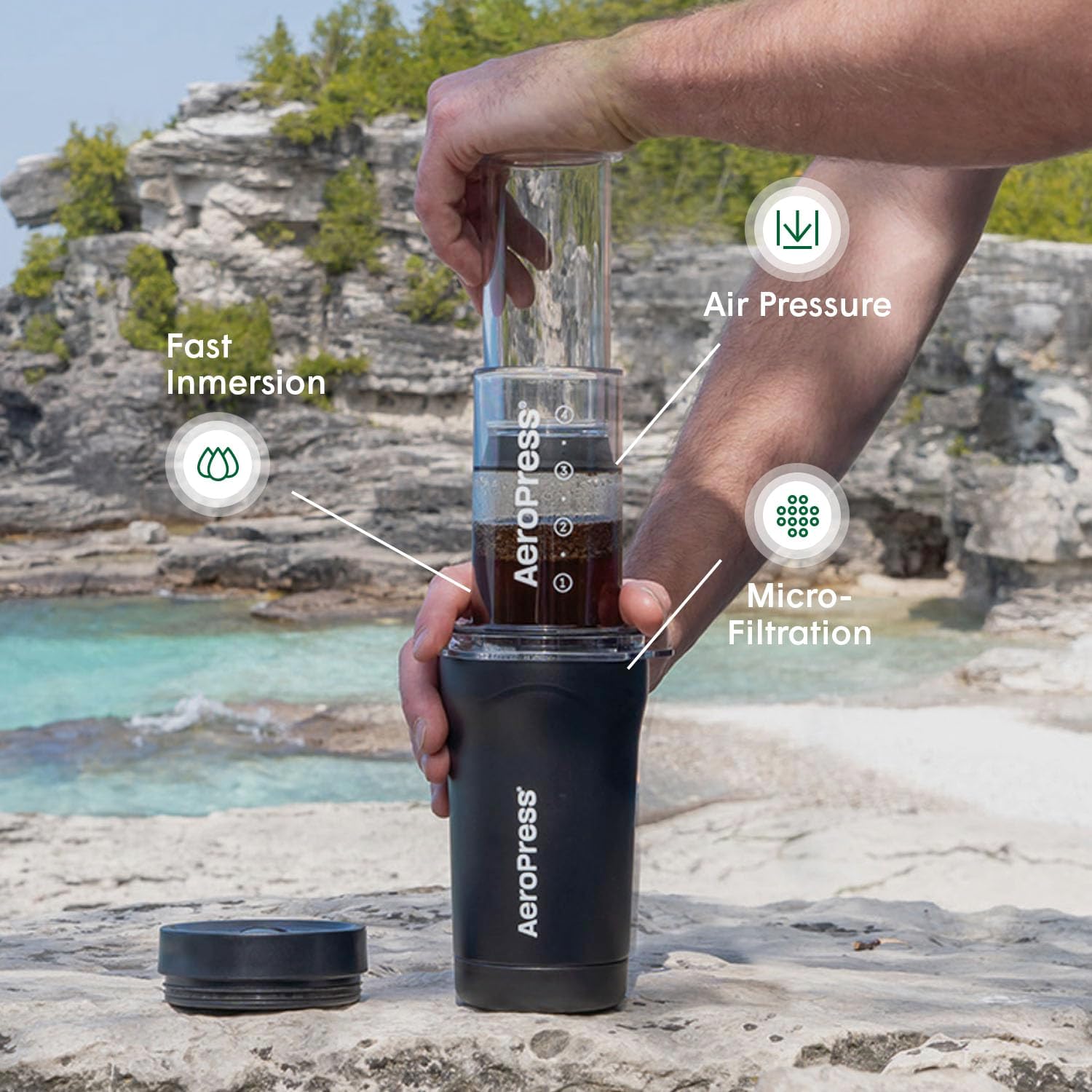 AeroPress Go Plus เครื่องชงกาแฟพกพาขนาดเล็กสำหรับการตั้งแคมป์ท่องเที่ยว - วิธีการชงแบบ 3-in-1 ผสมผสานระหว่าง French Press, Pourover, Espresso, กาแฟเข้มข้นไม่มีรสขม ชุดชงกาแฟ - สีดำ
