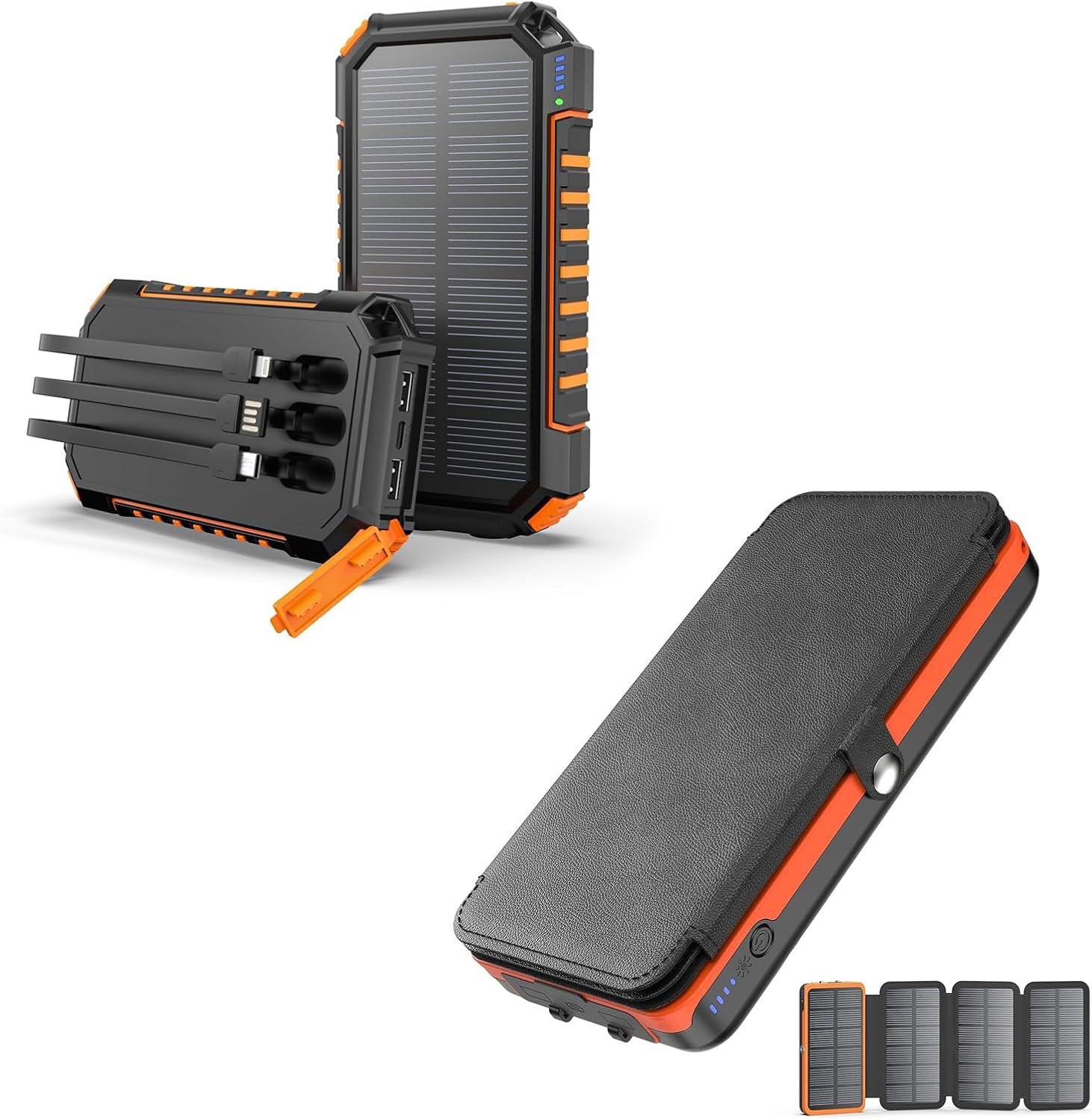Hiluckey Solar Charger 27000mAh Power Bank 22.5W Fast Charging Portable Phone Charger with 4 Solar Panels Built in 3 Cables Five Outputs Fast Charging Power Bank for All Mobile Devices · v3