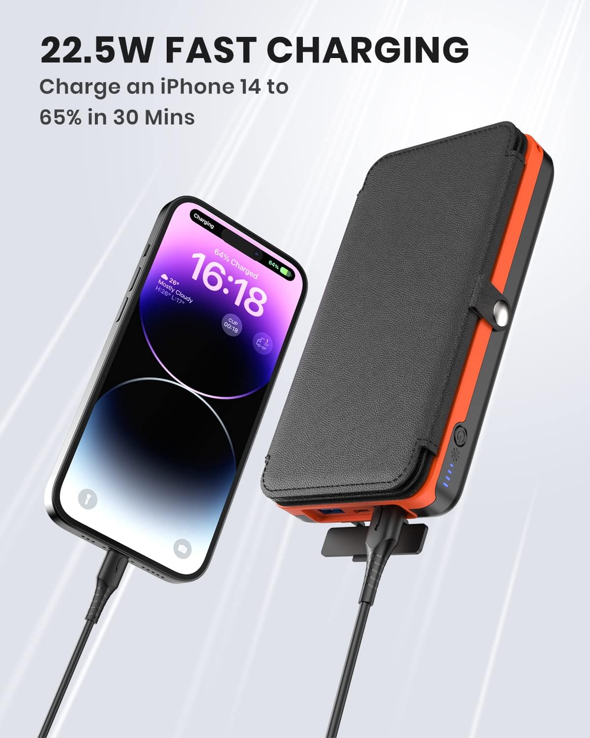 Hiluckey Solar Charger 27000mAh Power Bank 22.5W Fast Charging Portable Phone Charger with 4 Solar Panels Built in 3 Cables Five Outputs Fast Charging Power Bank for All Mobile Devices · v3