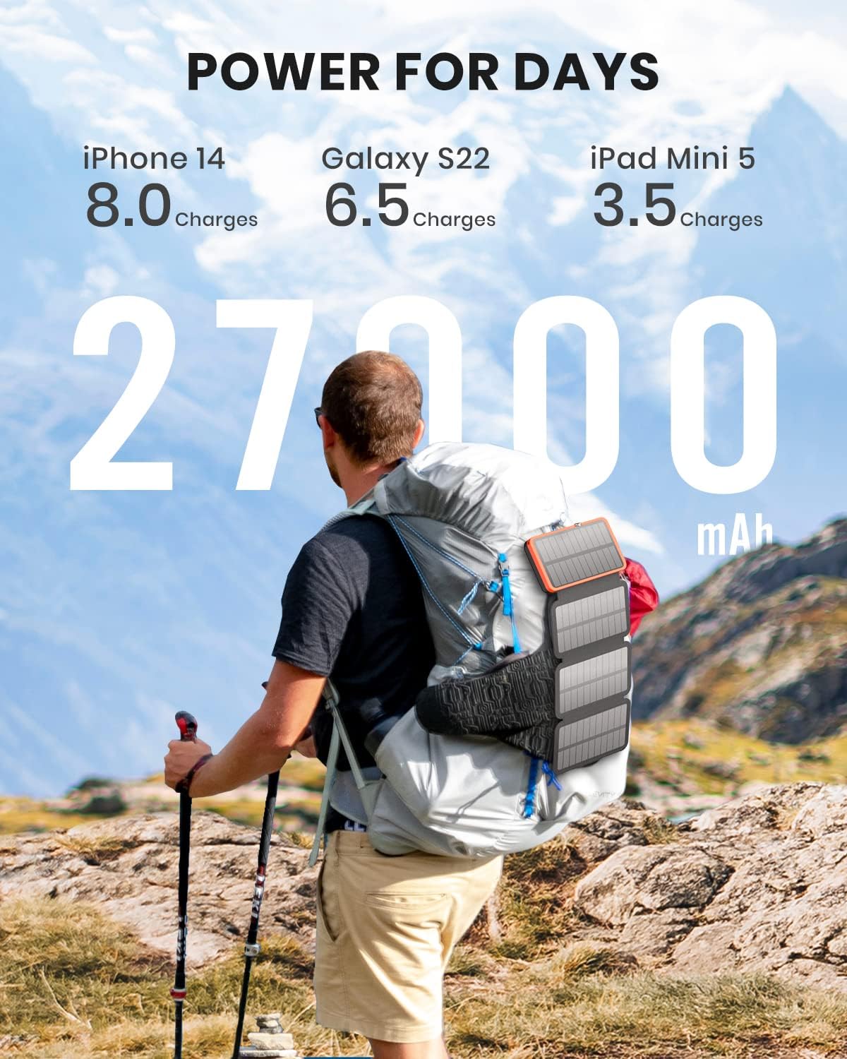 Hiluckey Solar Charger 27000mAh Power Bank 22.5W Fast Charging Portable Phone Charger with 4 Solar Panels Built in 3 Cables Five Outputs Fast Charging Power Bank for All Mobile Devices · v3