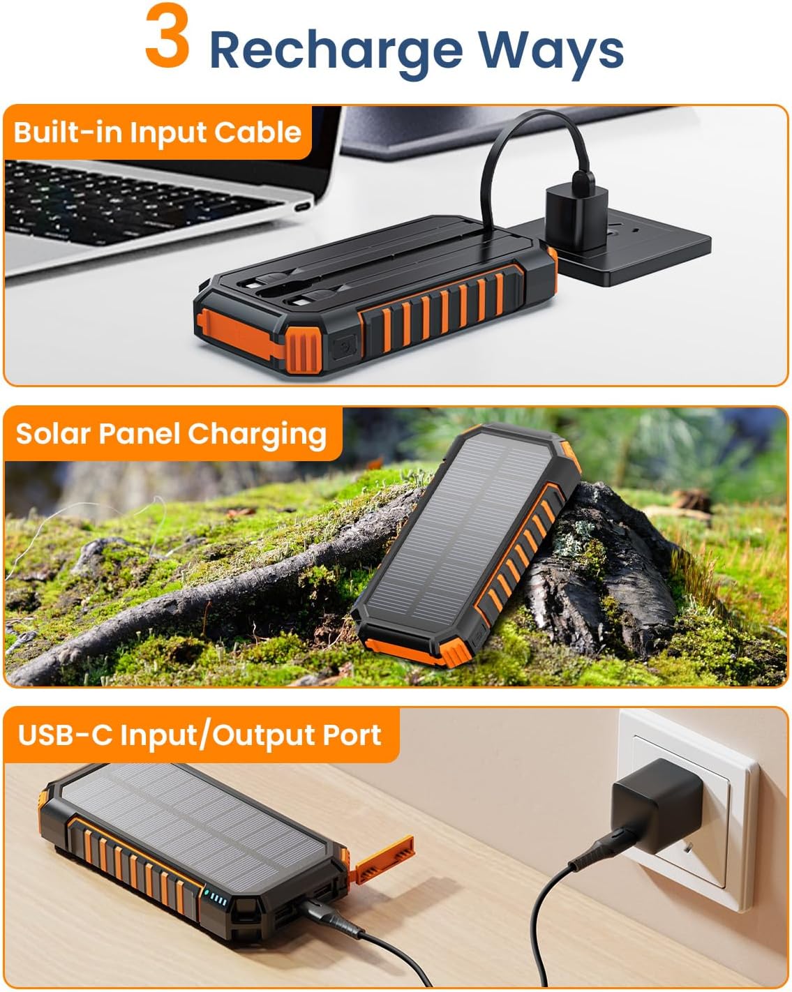 Hiluckey Solar Charger 27000mAh Power Bank 22.5W Fast Charging Portable Phone Charger with 4 Solar Panels Built in 3 Cables Five Outputs Fast Charging Power Bank for All Mobile Devices · v3