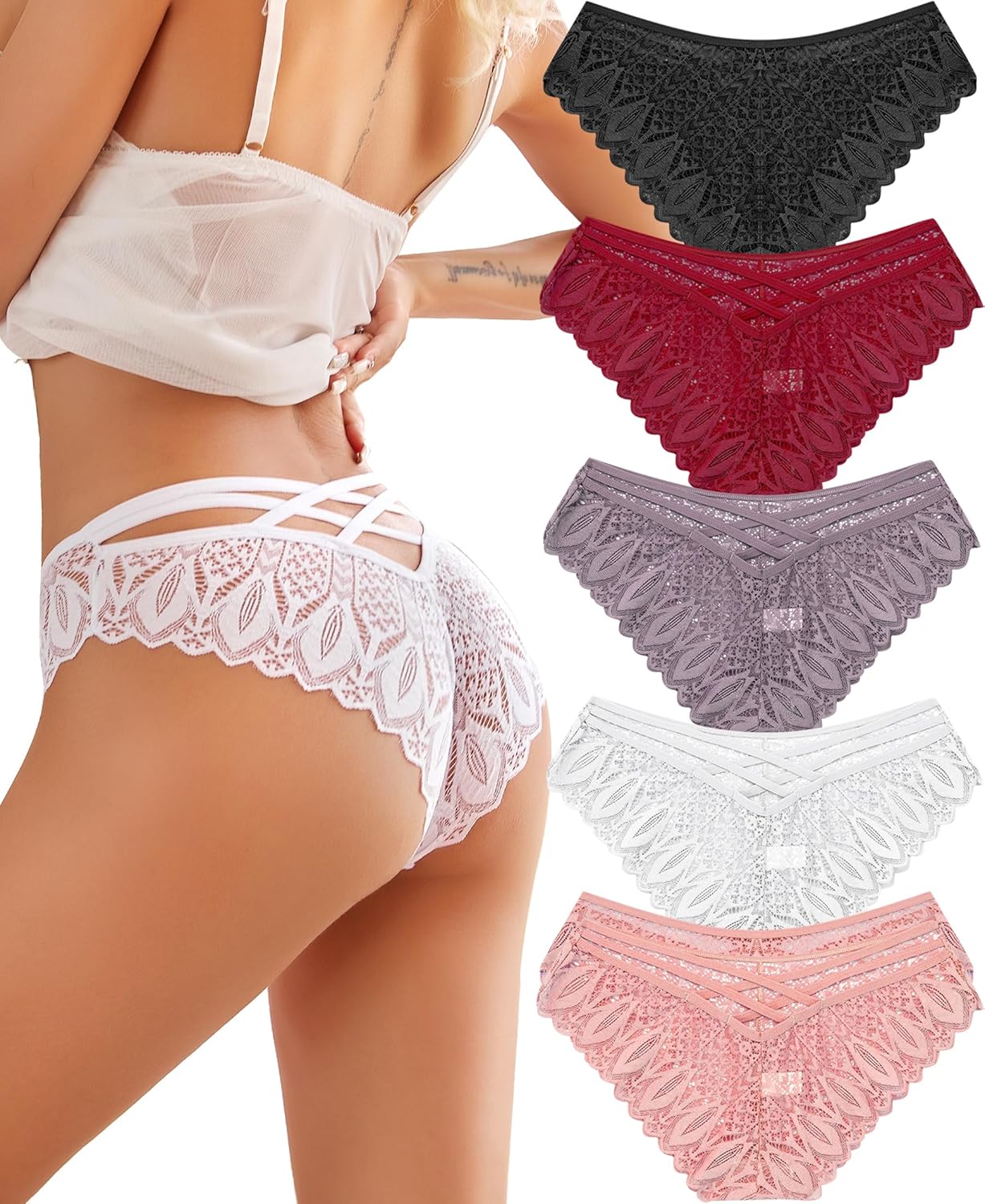 Ropa interior Sth Big Cheeky para mujer, bragas sexy de encaje con la espalda entrecruzada, ropa interior de bikini hipster, paquete de 5