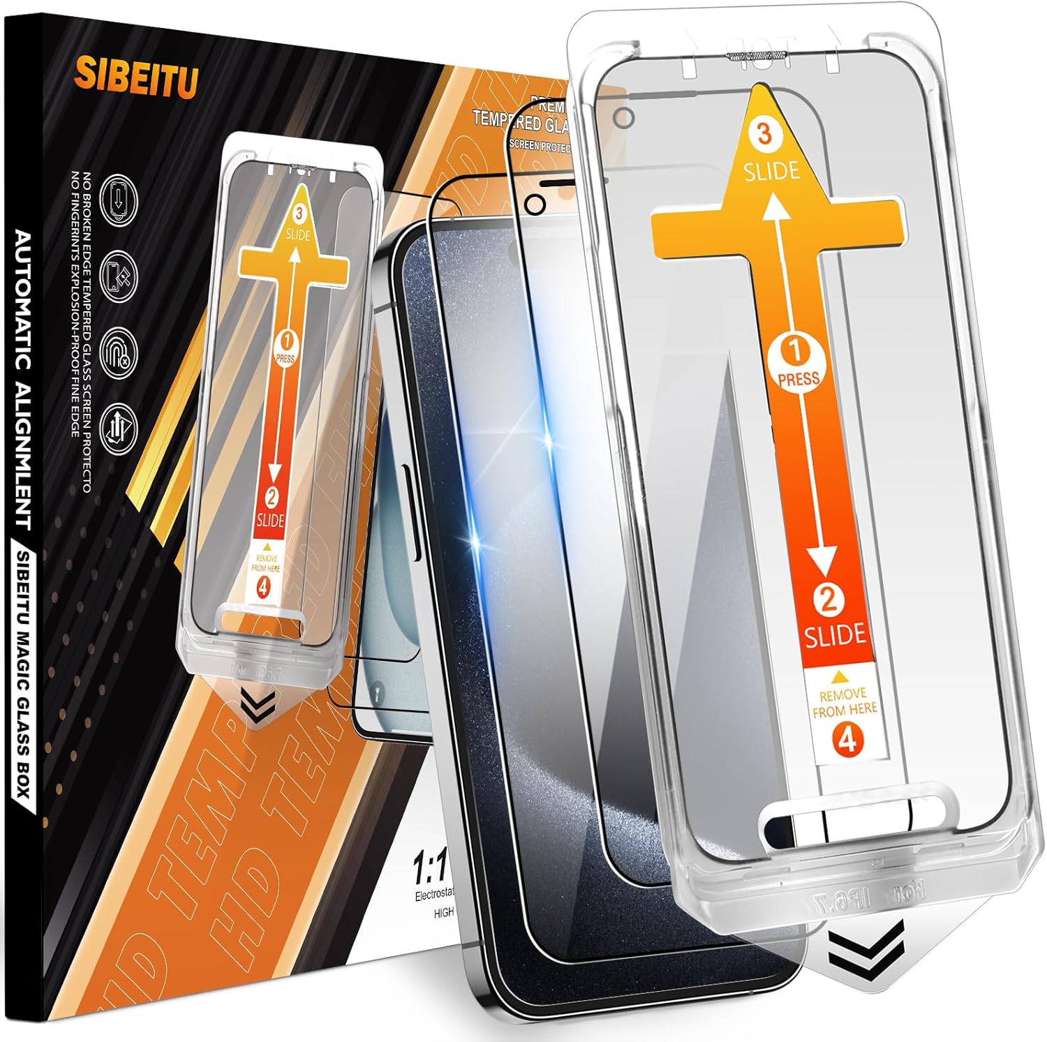 Lot de 2 films de protection d'écran SIBEITU pour iPhone 15 Pro Max, [Kit d'alignement automatique] Film en verre trempé transparent HD de 6,7 pouces, dureté 9H, anti-rayures, dépoussiérage automatique, protection d'installation, sensibilité au toucher