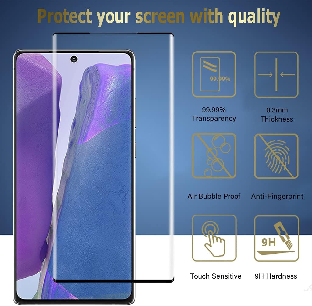 Protecteur d'écran pour Galaxy Note 20, film de protection d'écran en verre trempé Note 20【Lot de 2】Lot de 2 protecteurs d'objectif pour appareil photo, verre 3D, dureté 9H, protecteur d'écran en verre trempé pour Samsung Galaxy Note 20