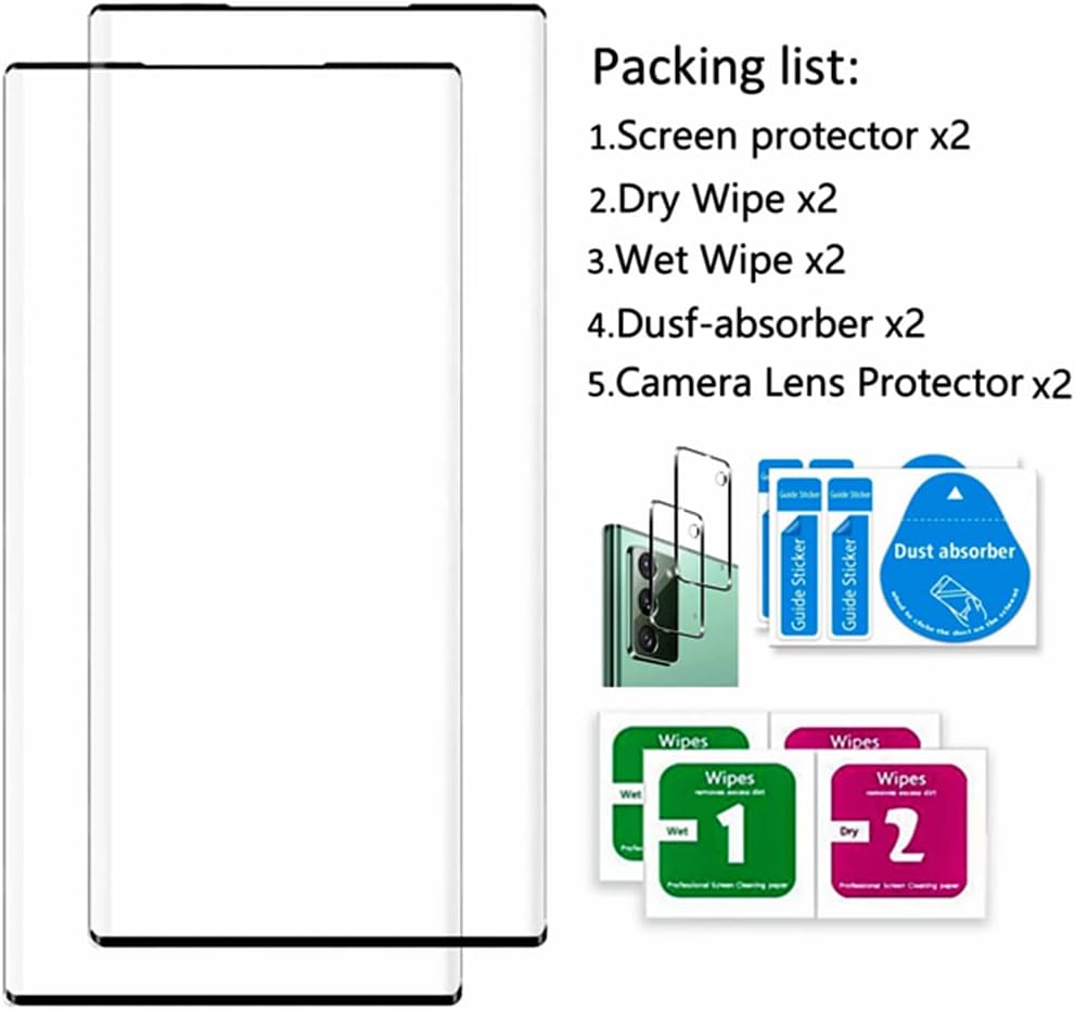 Protecteur d'écran pour Galaxy Note 20, film de protection d'écran en verre trempé Note 20【Lot de 2】Lot de 2 protecteurs d'objectif pour appareil photo, verre 3D, dureté 9H, protecteur d'écran en verre trempé pour Samsung Galaxy Note 20