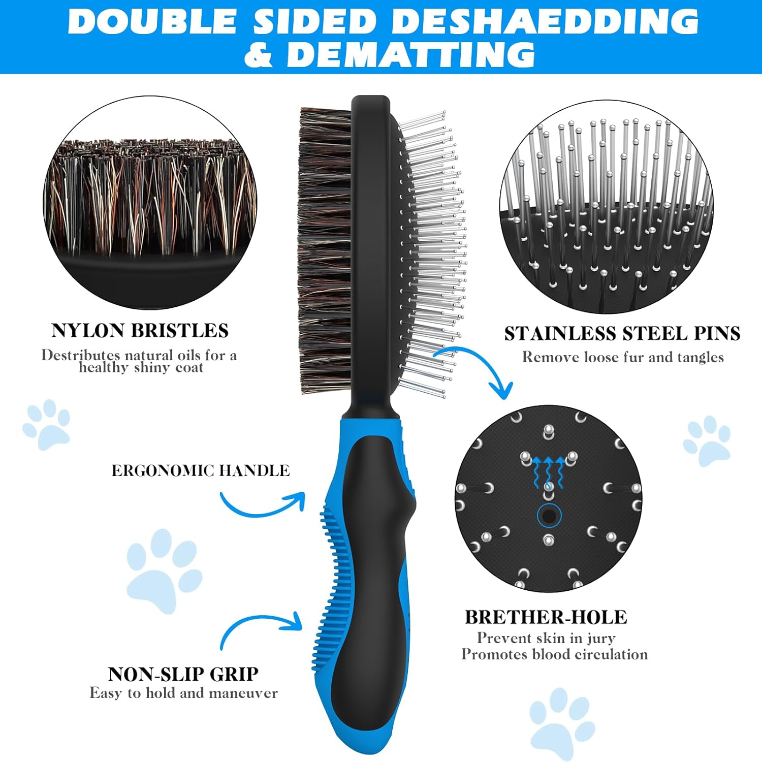 2PCS Dog Grooming Tools - Double-Sided Bath Brush for Shedding and Bathing, Suitable for Short/Long Haired Dogs, Premium Pet Supplies (Black Blue) · v2