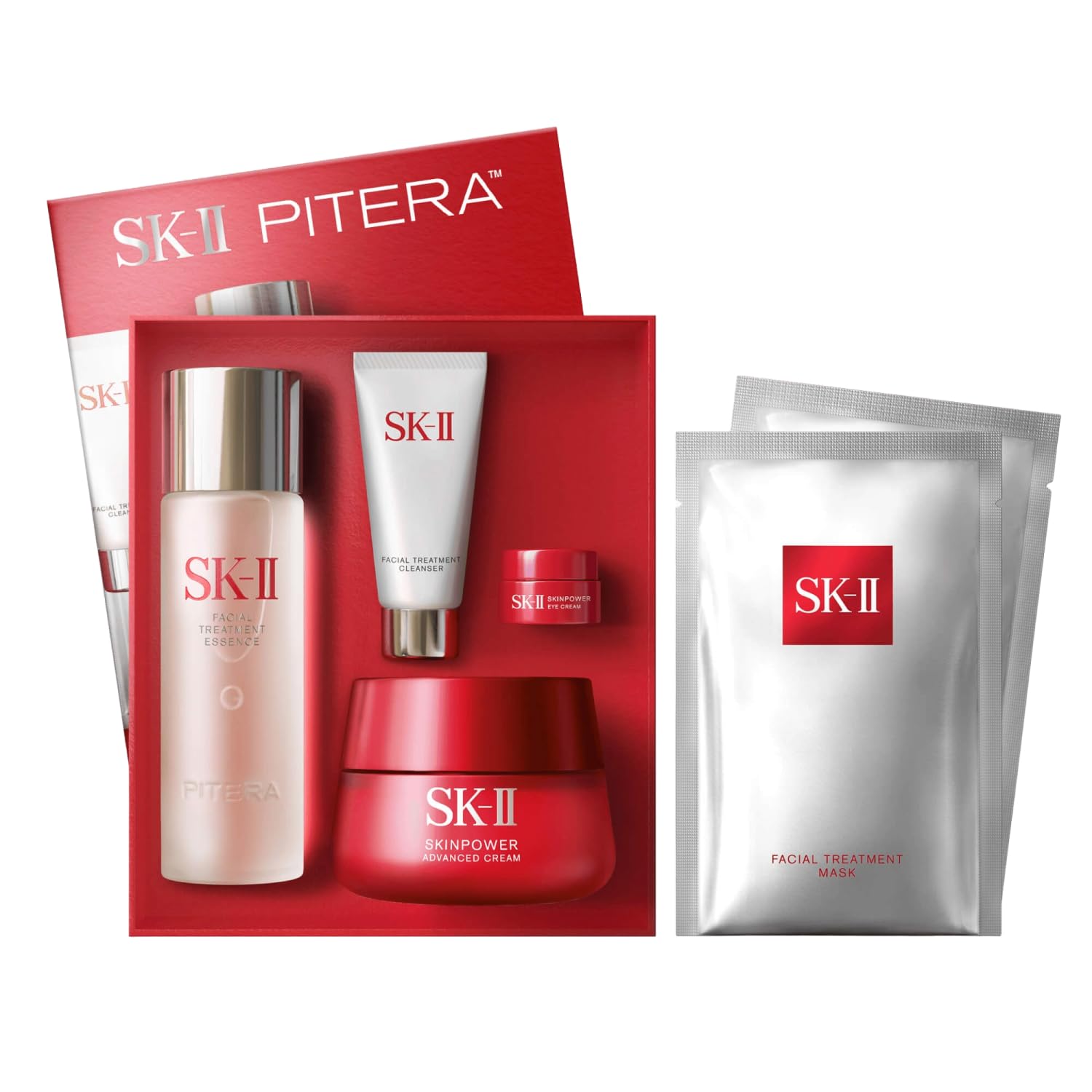 SK-II アンチエイジング スキンケア ギフト セット - フルサイズのスキンケア製品が含まれています - フェイシャル クレンザー、フェイシャル エッセンス、SKINPOWER フェイス アイ クリーム、トリートメント マスク 2 枚 (6 個入り)