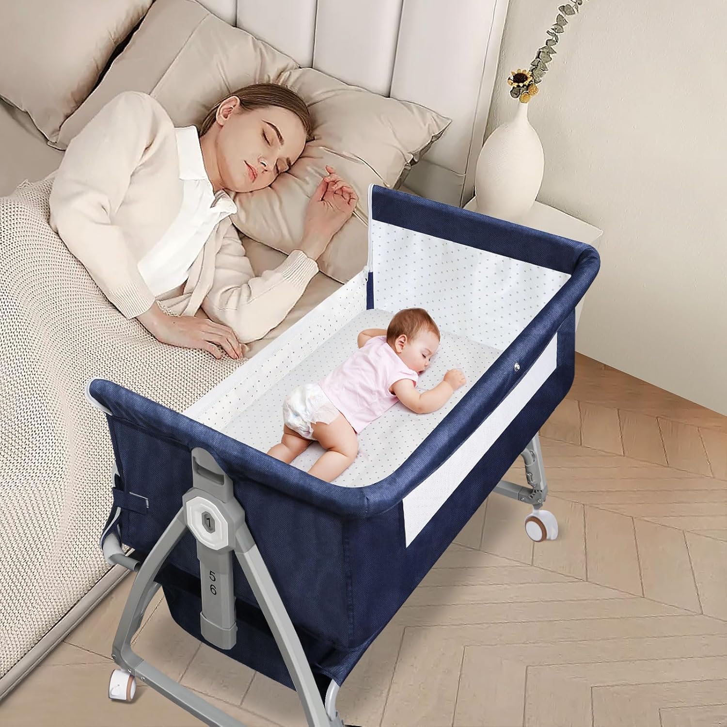 3 in 1 Baby Bassinet, Bedside Bassinet for Baby, Rocking Bassinet with Storage Basket Mosquito Nets amp; Wheels, Adjustable Height Bassinet Bedside Sleeper, Portable Crib for Newborn Infant