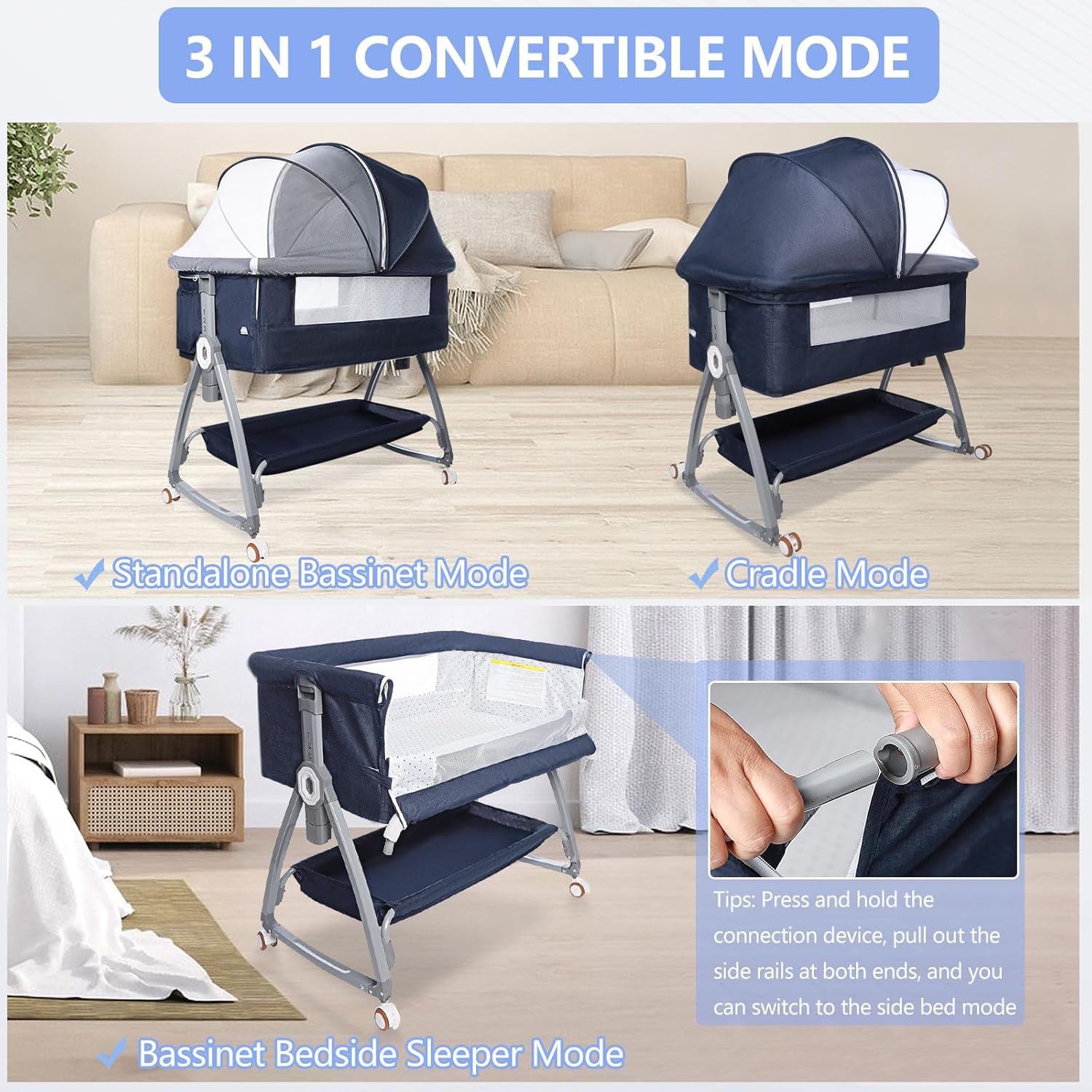 3-in-1 babywieg, bedwieg voor baby, schommelwieg met opbergmand, muskietennetten en wielen, in hoogte verstelbare wieg, nachtkastje, draagbare wieg voor pasgeboren baby