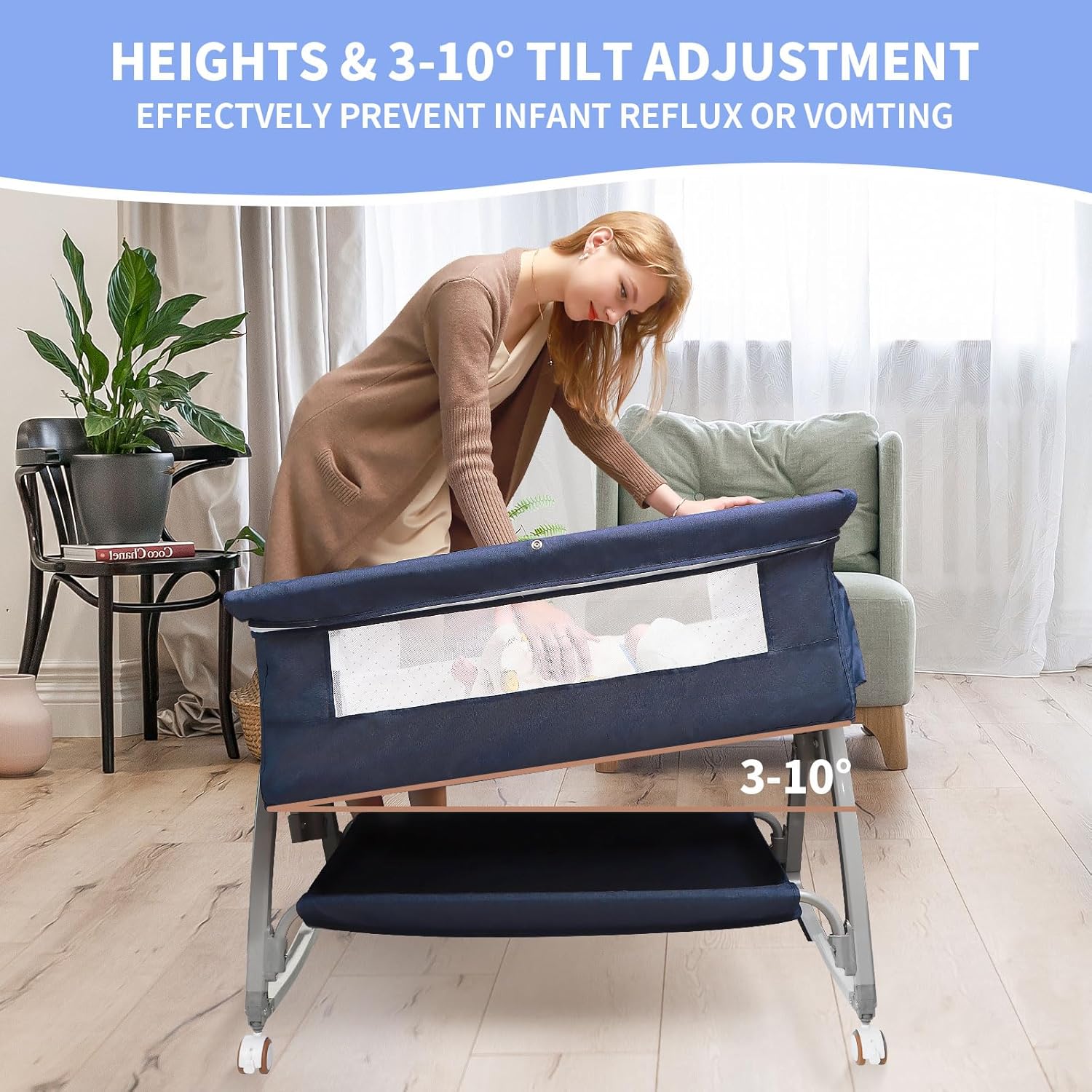 3-in-1 babywieg, bedwieg voor baby, schommelwieg met opbergmand, muskietennetten en wielen, in hoogte verstelbare wieg, nachtkastje, draagbare wieg voor pasgeboren baby