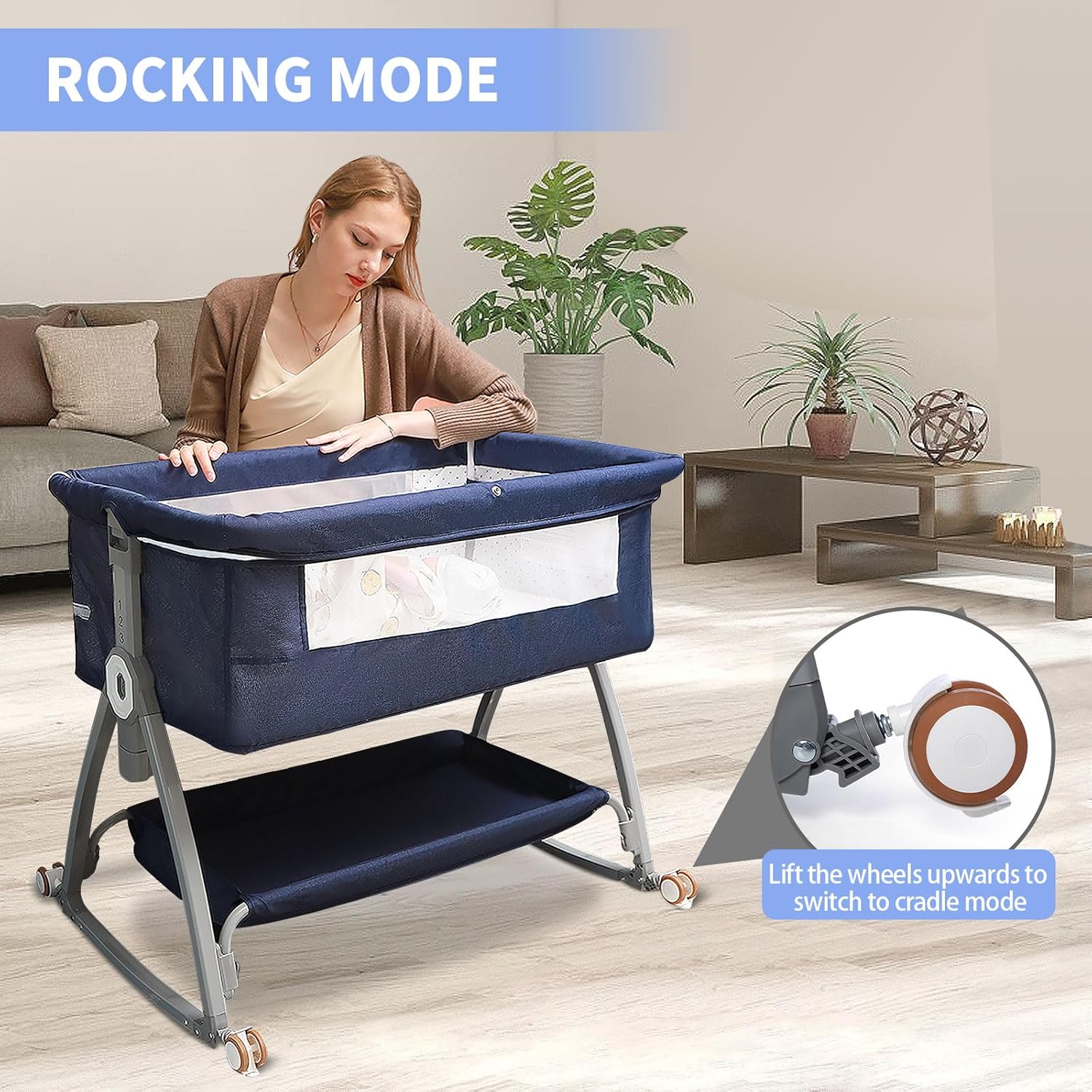 3-in-1 babywieg, bedwieg voor baby, schommelwieg met opbergmand, muskietennetten en wielen, in hoogte verstelbare wieg, nachtkastje, draagbare wieg voor pasgeboren baby