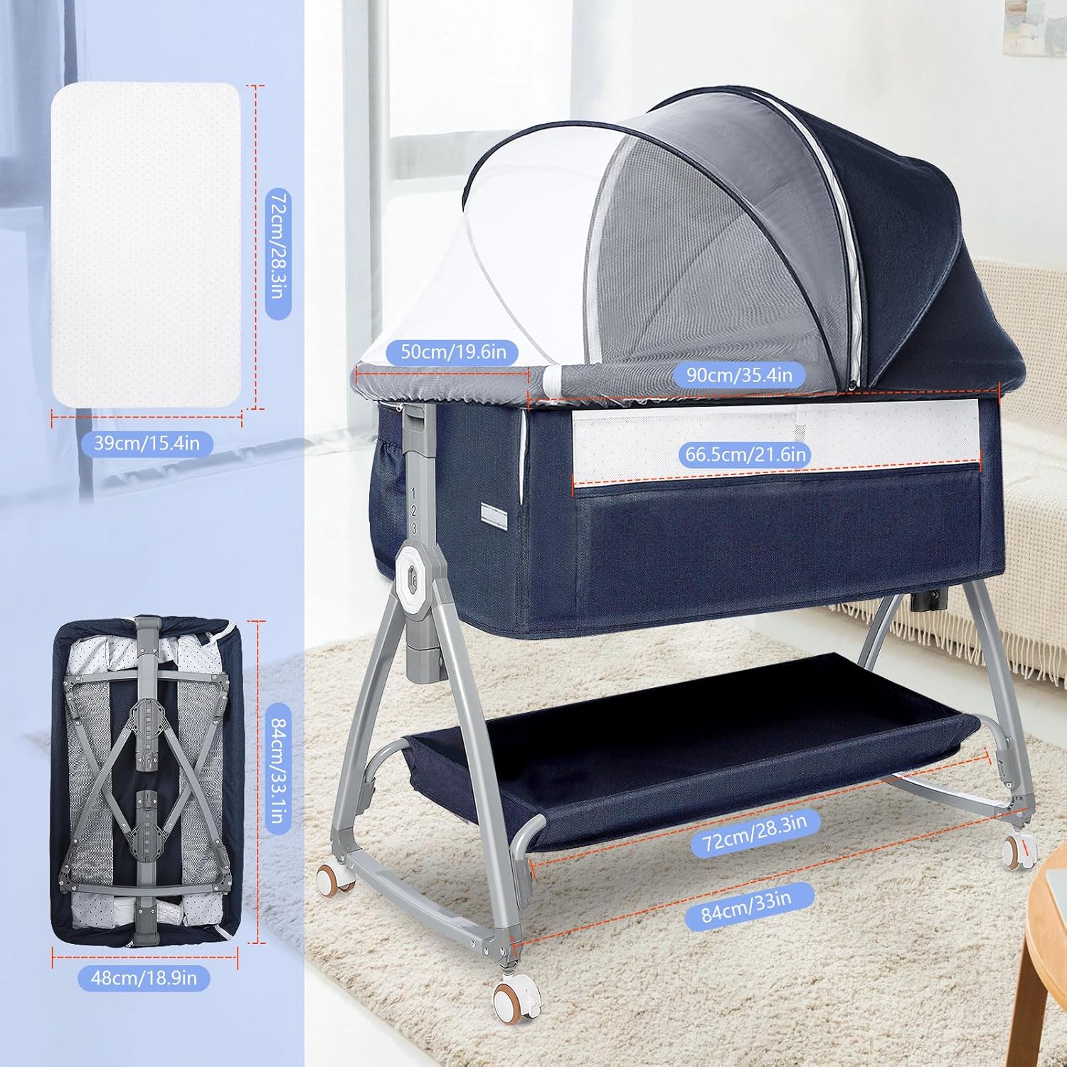 3-in-1 babywieg, bedwieg voor baby, schommelwieg met opbergmand, muskietennetten en wielen, in hoogte verstelbare wieg, nachtkastje, draagbare wieg voor pasgeboren baby