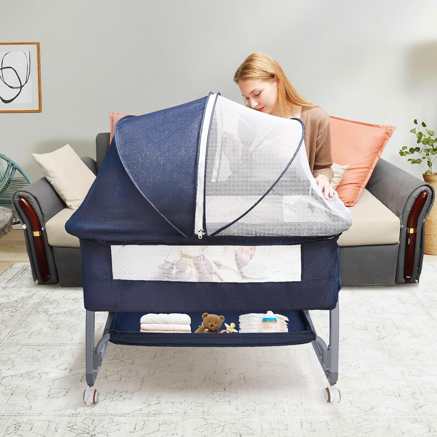 3-in-1 babywieg, bedwieg voor baby, schommelwieg met opbergmand, muskietennetten en wielen, in hoogte verstelbare wieg, nachtkastje, draagbare wieg voor pasgeboren baby