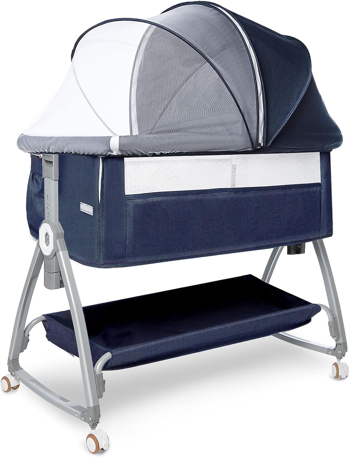 3-in-1 babywieg, bedwieg voor baby, schommelwieg met opbergmand, muskietennetten en wielen, in hoogte verstelbare wieg, nachtkastje, draagbare wieg voor pasgeboren baby