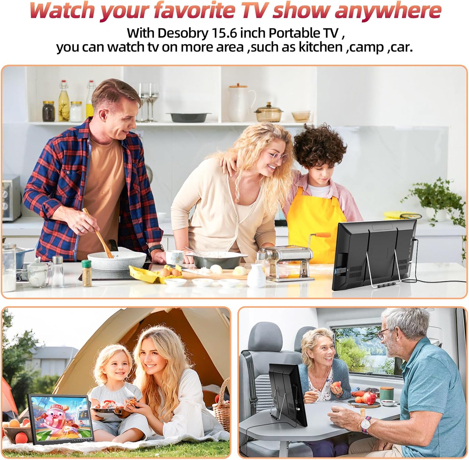 Desobry 15.7 inch Portable TV with Antenna, Portable Small TV with ATSC Tuner, Rechargeable Battery Operated Mini TV LCD Monitor 1080P,Built-in TV Stand,HDMI Input,USB,AV in,Supports Camping,Kitchen · v9