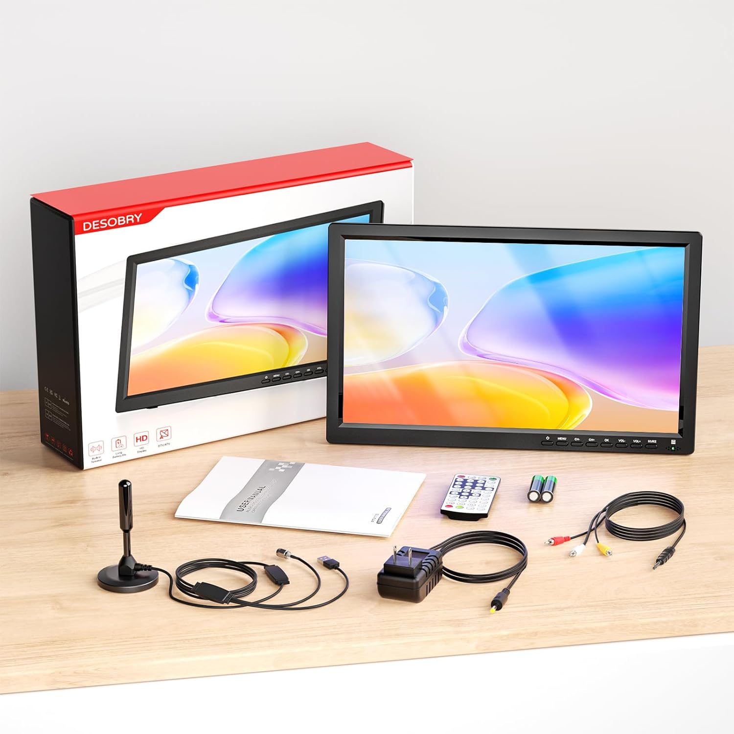 Desobry 15.7 inch Portable TV with Antenna, Portable Small TV with ATSC Tuner, Rechargeable Battery Operated Mini TV LCD Monitor 1080P,Built-in TV Stand,HDMI Input,USB,AV in,Supports Camping,Kitchen · v9