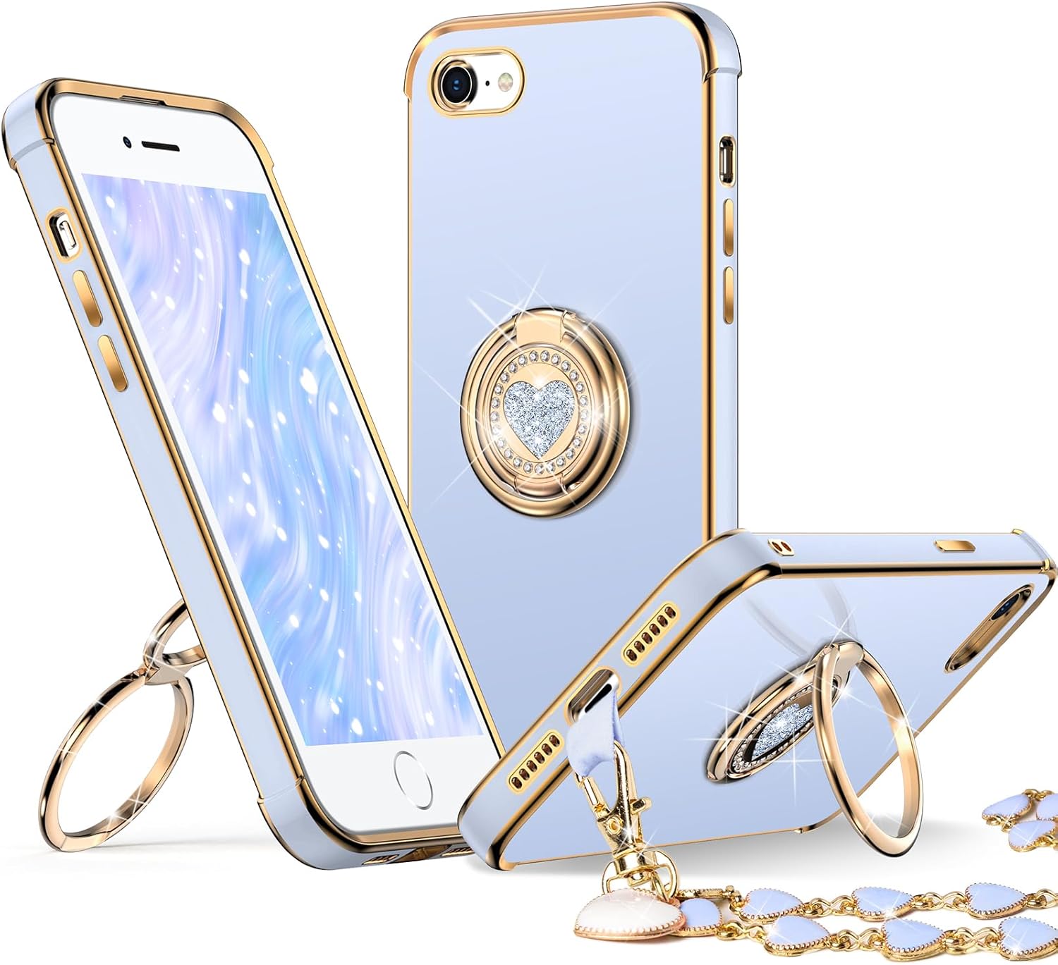 XYZ per iPhone SE 2022 [3a generazione], SE 2020 [2a generazione], custodia per iPhone 8, custodia per iPhone 7 con cavalletto a doppio anello, custodia protettiva per iPhone 7/8/SE da donna carina innamorata di lusso per iPhone 7/8/SE, blu