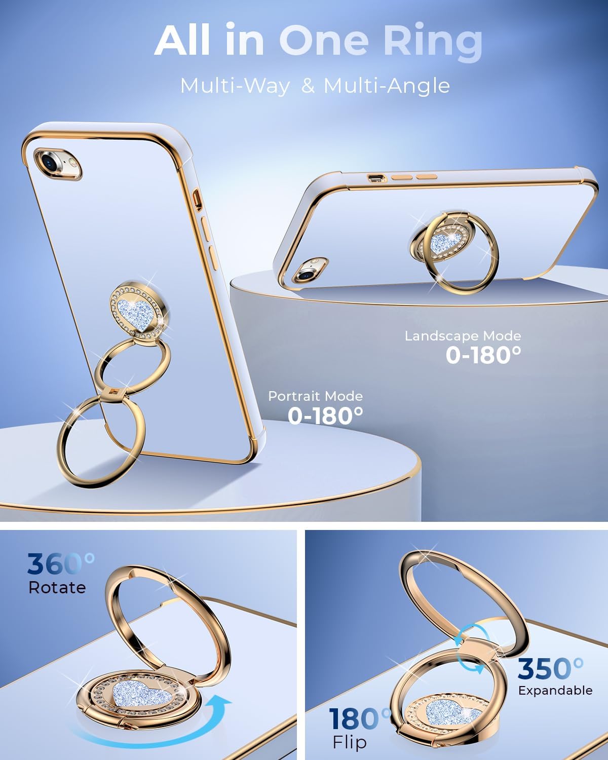 XYZ for iPhone SE 2022 [3rd Gen], SE 2020 [2nd Gen], iPhone 8 Case, iPhone 7 Phone Case with Double Ring Kickstand, Women Girl Cute Love-Heart Luxury Bling Protective Case for iPhone 7/8/SE, Blue