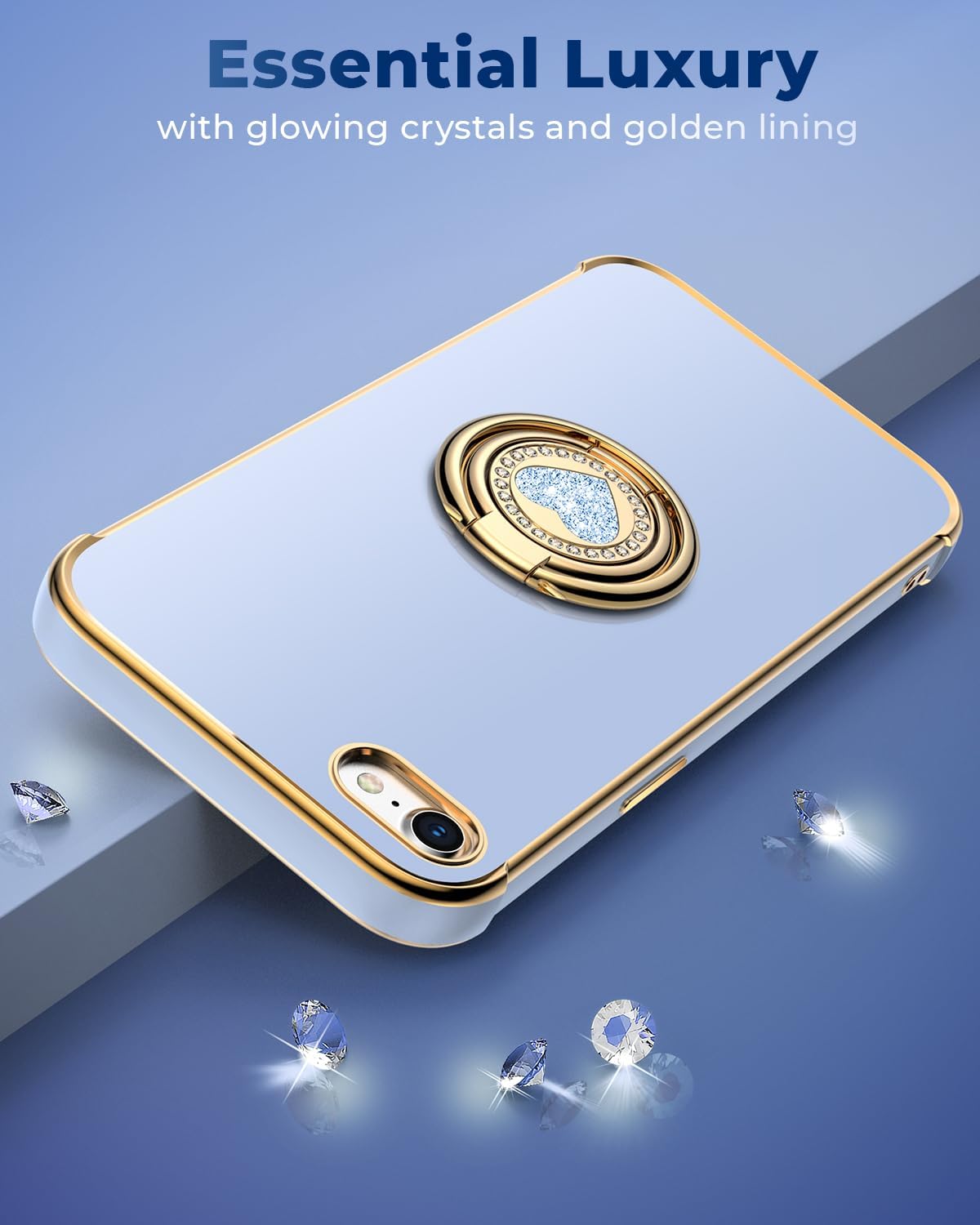 XYZ for iPhone SE 2022 [3rd Gen], SE 2020 [2nd Gen], iPhone 8 Case, iPhone 7 Phone Case with Double Ring Kickstand, Women Girl Cute Love-Heart Luxury Bling Protective Case for iPhone 7/8/SE, Blue