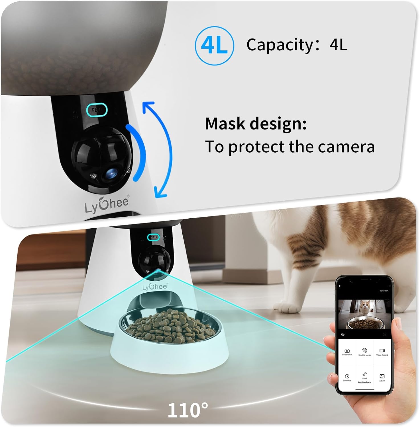 Mangeoire automatique pour chats Litchee avec caméra, mangeoire WiFi 5G pour animaux de compagnie, vidéo HD 1304P avec vision nocturne, audio bidirectionnelle, contrôle intelligent par application compatible avec Alexa, distributeur de nourriture sèche 4 L pour chats et petits chiens