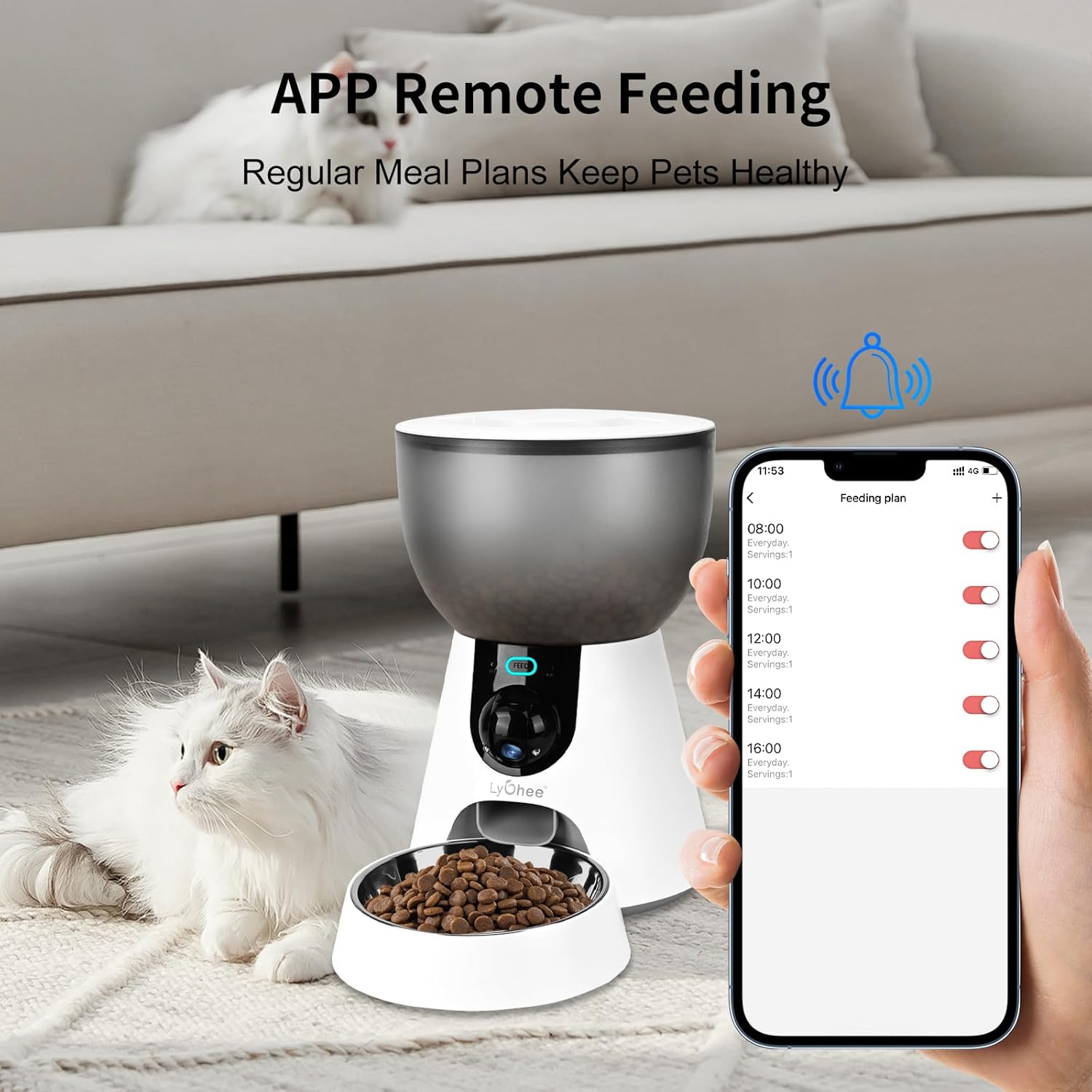 Mangeoire automatique pour chats Litchee avec caméra, mangeoire WiFi 5G pour animaux de compagnie, vidéo HD 1304P avec vision nocturne, audio bidirectionnelle, contrôle intelligent par application compatible avec Alexa, distributeur de nourriture sèche 4 L pour chats et petits chiens
