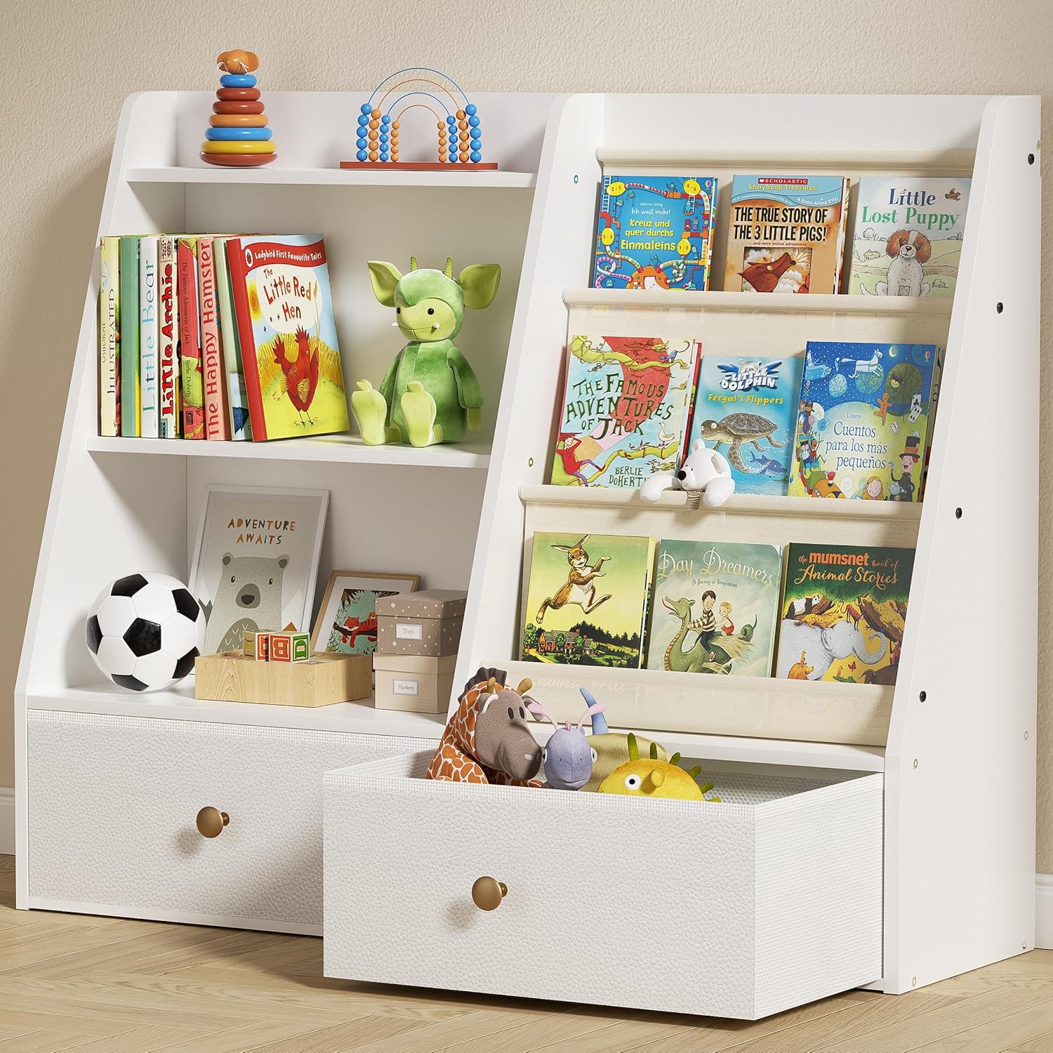 3 Tier Kids Bookshelf, Toddler Bookshelf and Toy Storage, Baby Wooden Bookcase with Drawers, Children Book Shelf for Kids Room, Nursery Storage Book Rack for Playroom, Classroom, White · v5