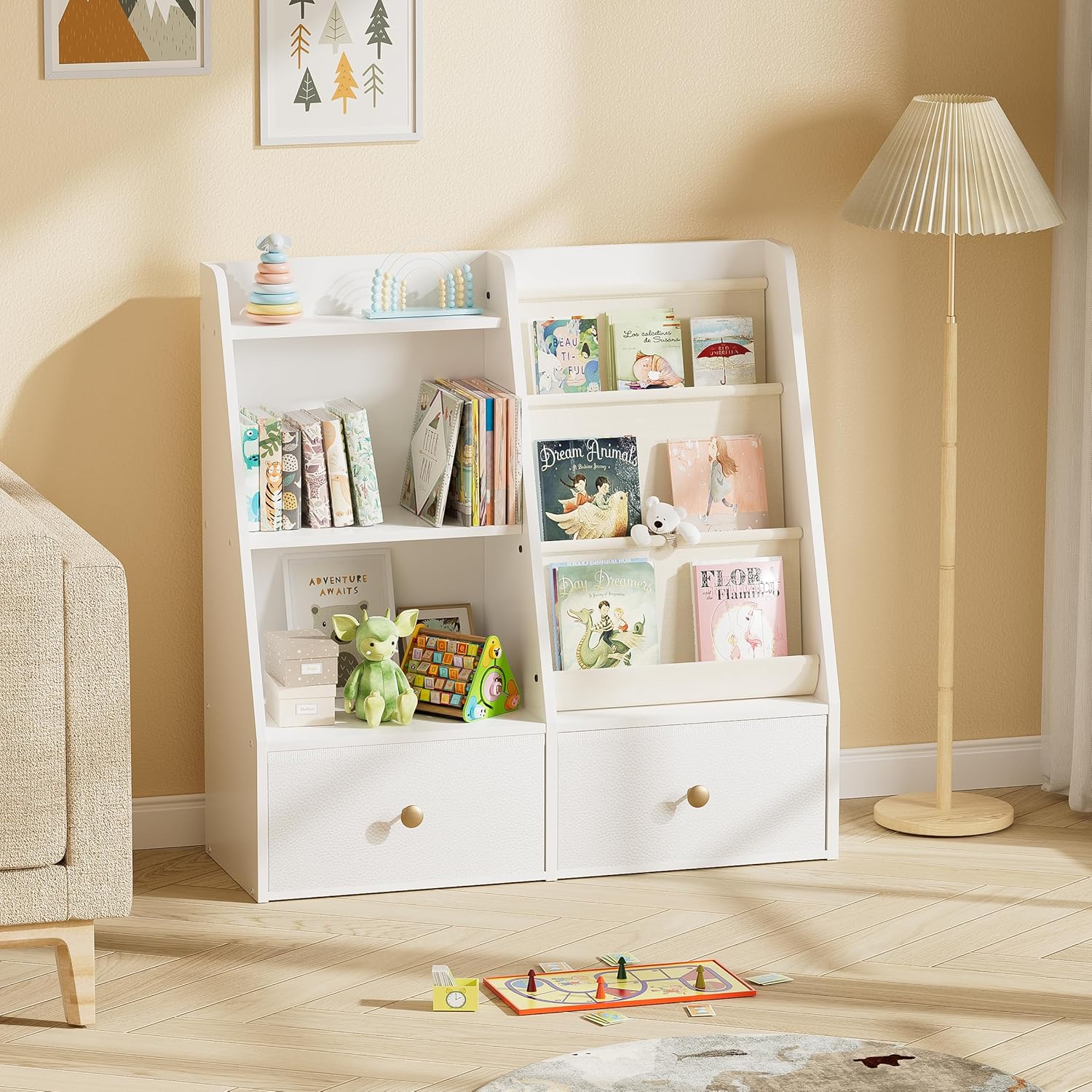 3 Tier Kids Bookshelf, Toddler Bookshelf and Toy Storage, Baby Wooden Bookcase with Drawers, Children Book Shelf for Kids Room, Nursery Storage Book Rack for Playroom, Classroom, White · v5