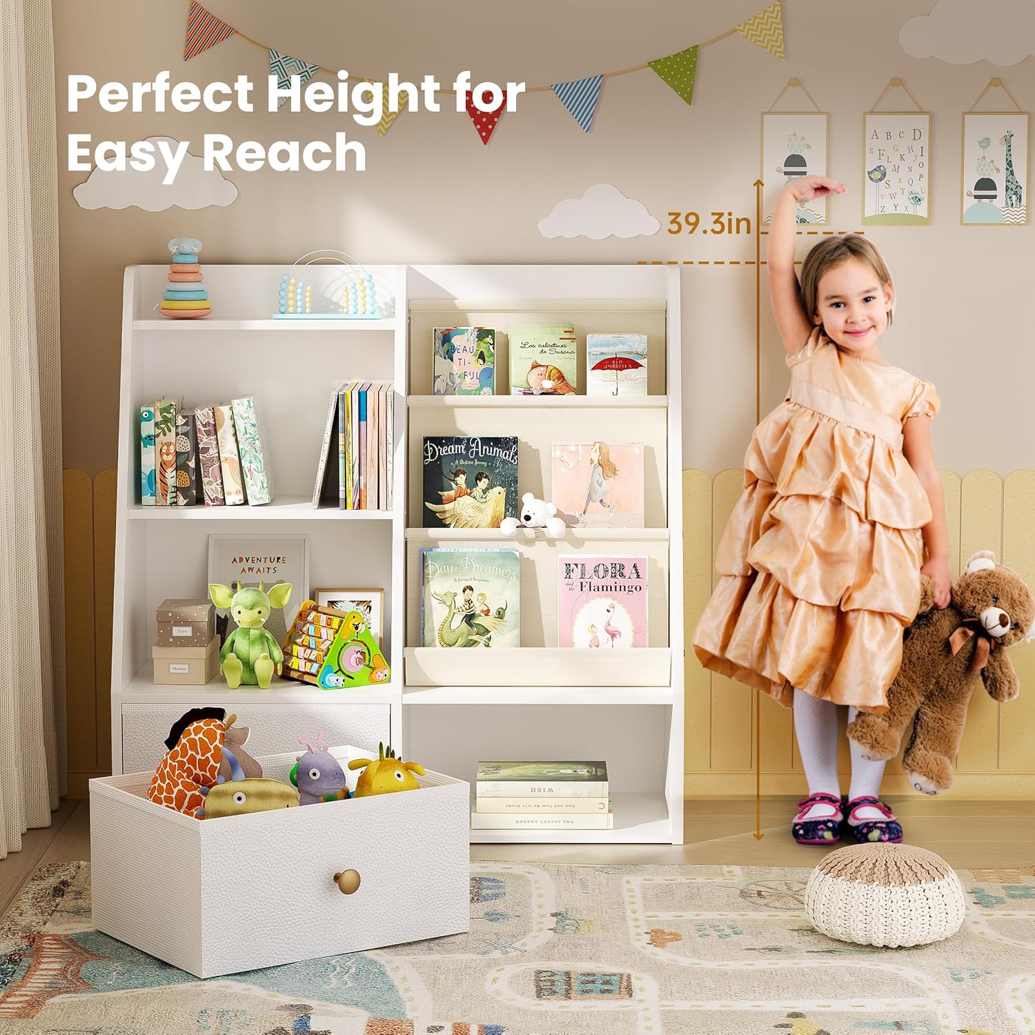 3 Tier Kids Bookshelf, Toddler Bookshelf and Toy Storage, Baby Wooden Bookcase with Drawers, Children Book Shelf for Kids Room, Nursery Storage Book Rack for Playroom, Classroom, White · v5