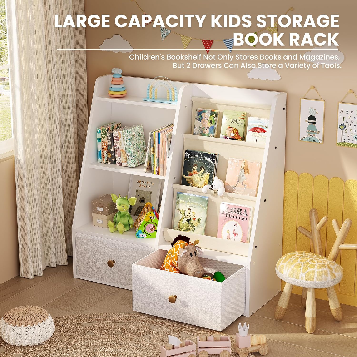 3 Tier Kids Bookshelf, Toddler Bookshelf and Toy Storage, Baby Wooden Bookcase with Drawers, Children Book Shelf for Kids Room, Nursery Storage Book Rack for Playroom, Classroom, White · v5