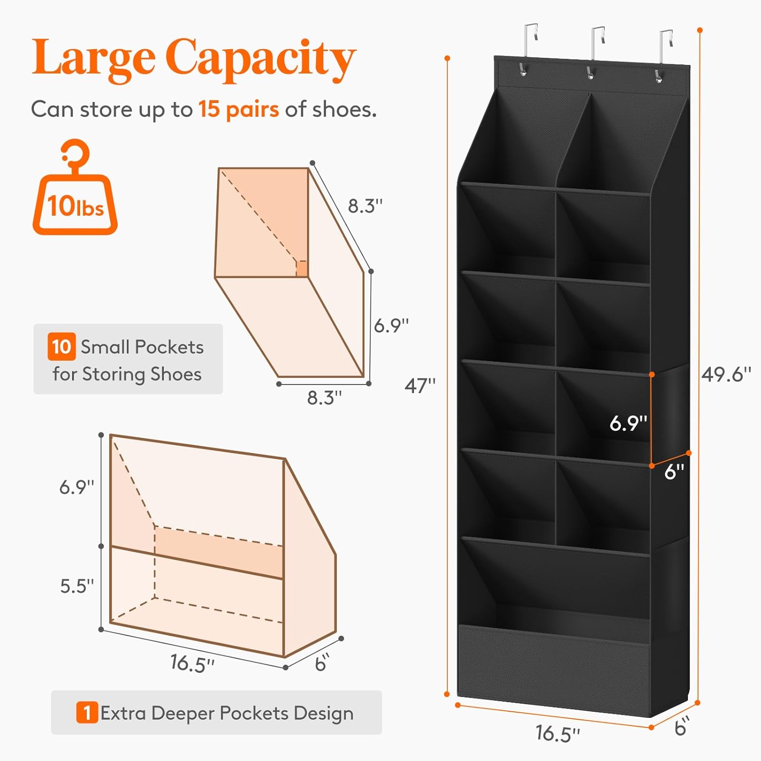 Lifewit Over the Door Shoe Organizers, 1 Pack Hanging Shoe Rack with 11 Pockets, 5 Layers Shoe Holder for Closet Door Storage Includes Boots, Toys, Water Bottles, Daily Necessities, Black