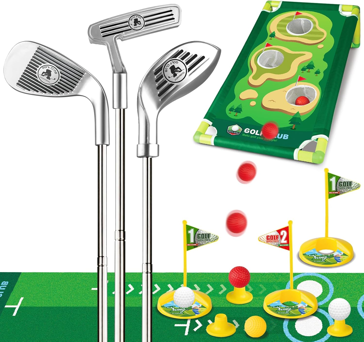 Set da golf Liberry Toddler per bambini dai 3 ai 5 anni, set di mazze da golf retrattili per bambini con tappetino da golf, tavola da golf Cornhole, giocattolo per sport all'aperto e al coperto, regalo di compleanno