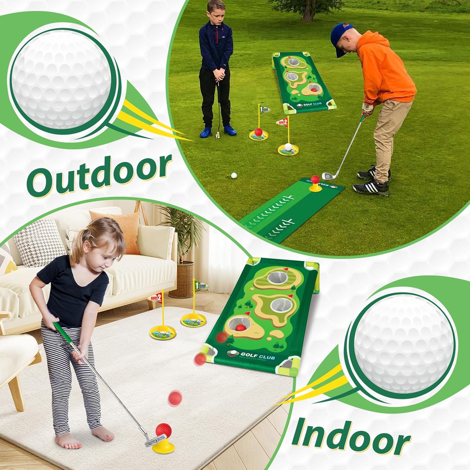 Set da golf Liberry Toddler per bambini dai 3 ai 5 anni, set di mazze da golf retrattili per bambini con tappetino da golf, tavola da golf Cornhole, giocattolo per sport all'aperto e al coperto, regalo di compleanno