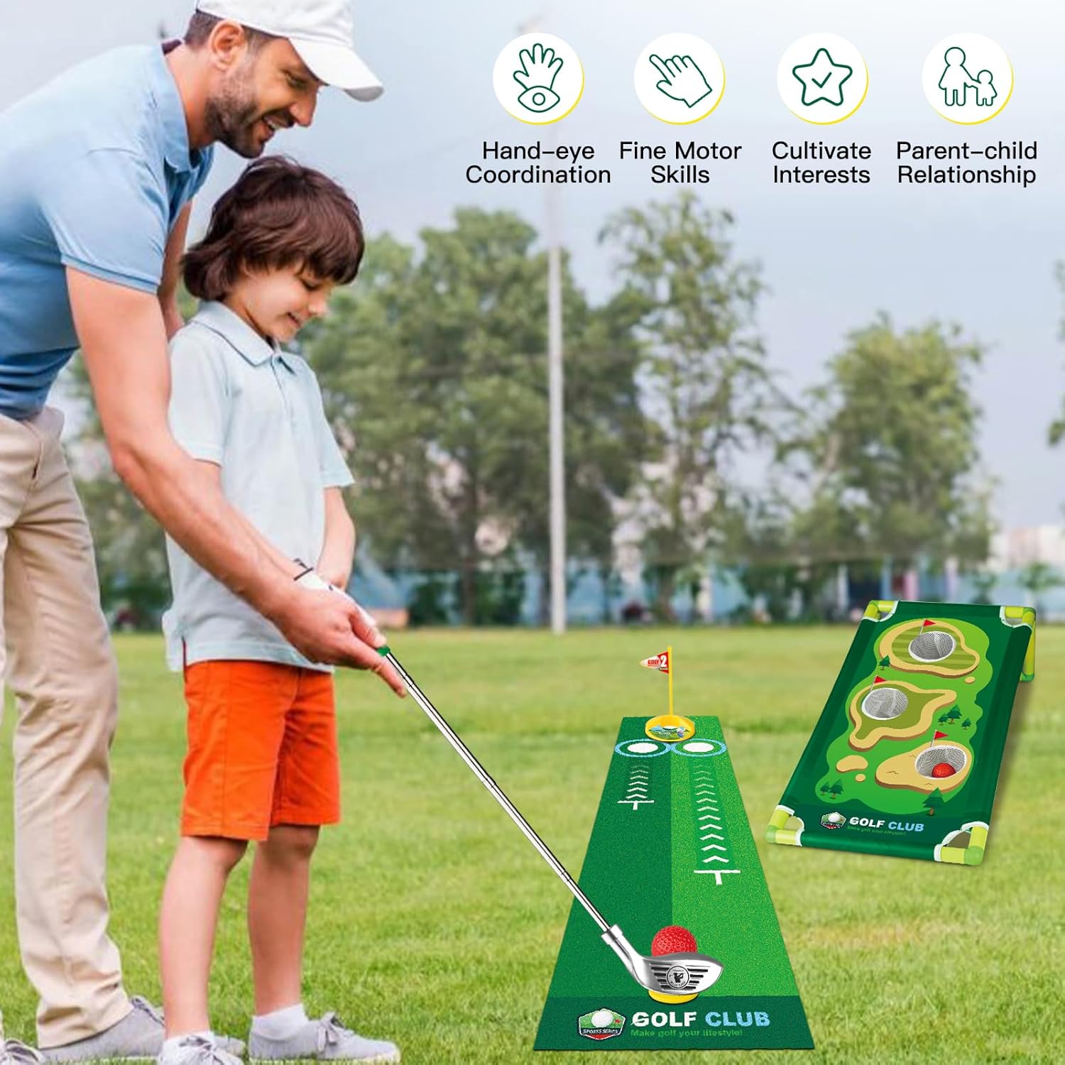 Set da golf Liberry Toddler per bambini dai 3 ai 5 anni, set di mazze da golf retrattili per bambini con tappetino da golf, tavola da golf Cornhole, giocattolo per sport all'aperto e al coperto, regalo di compleanno