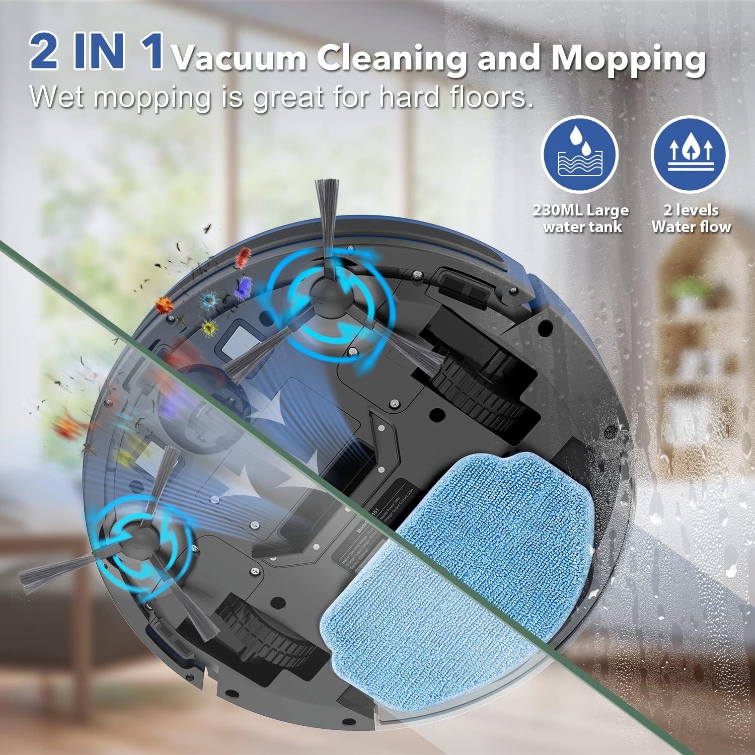 Robot aspirapolvere e mocio ZCWA, aspirapolvere robotico 2 in 1 con WiFi/app, aspirapolvere robotico, impostazioni di pianificazione, ricarica automatica, ideale per pavimenti duri, peli di animali domestici e moquette a pelo basso