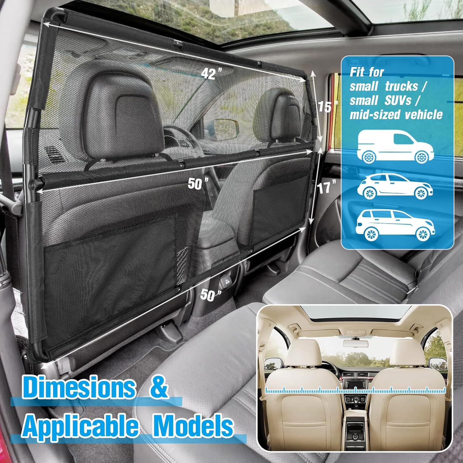 Dog Barrier for Truck,50 Wide Dog Car Barrier,Pet Net Barrier for Car,SUV Dog Barrier for Cargo Area,Back Seat Car Gate,Trunk Barrier with See Through Net Mesh for Trucks SUV CUV Vehicle · v2