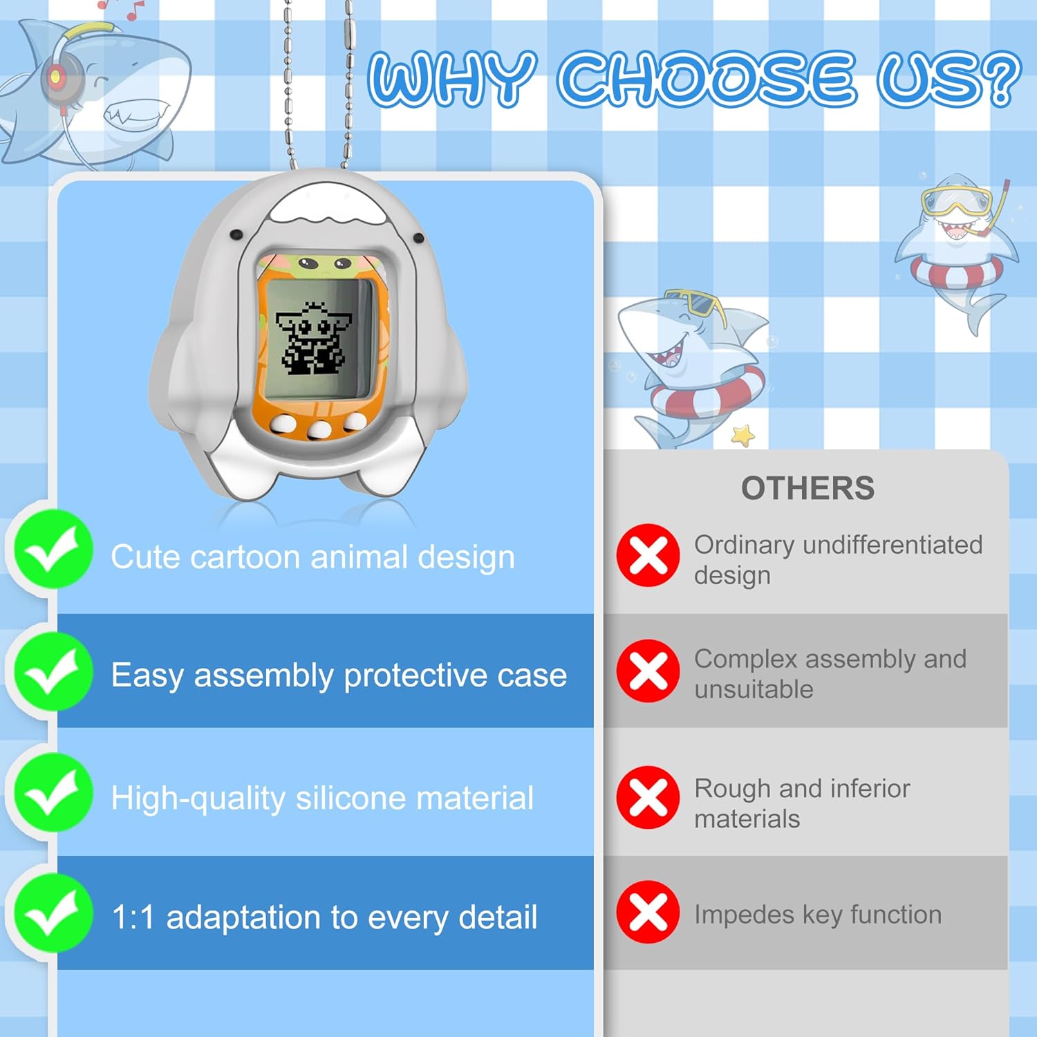 Compatible with Tamagotchi Nano Silicone Case, Cute Shark Pattern Protective Cover Case Suitable for Tamagotchi Nano Accessories for Kids · v3