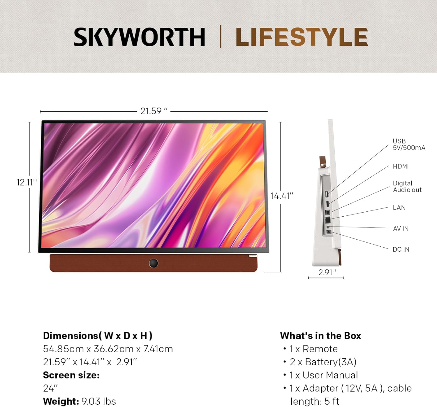 Skyworth 24-Inch Portable 3-Hour Battery Life P100 Companion Series 1080P FHD Smart Google TV, Matte Screen, HDR10, Dolby Audio, LED, Bluetooth, Chromecast and Google Assistant (24P100, 2024 Model) · v7