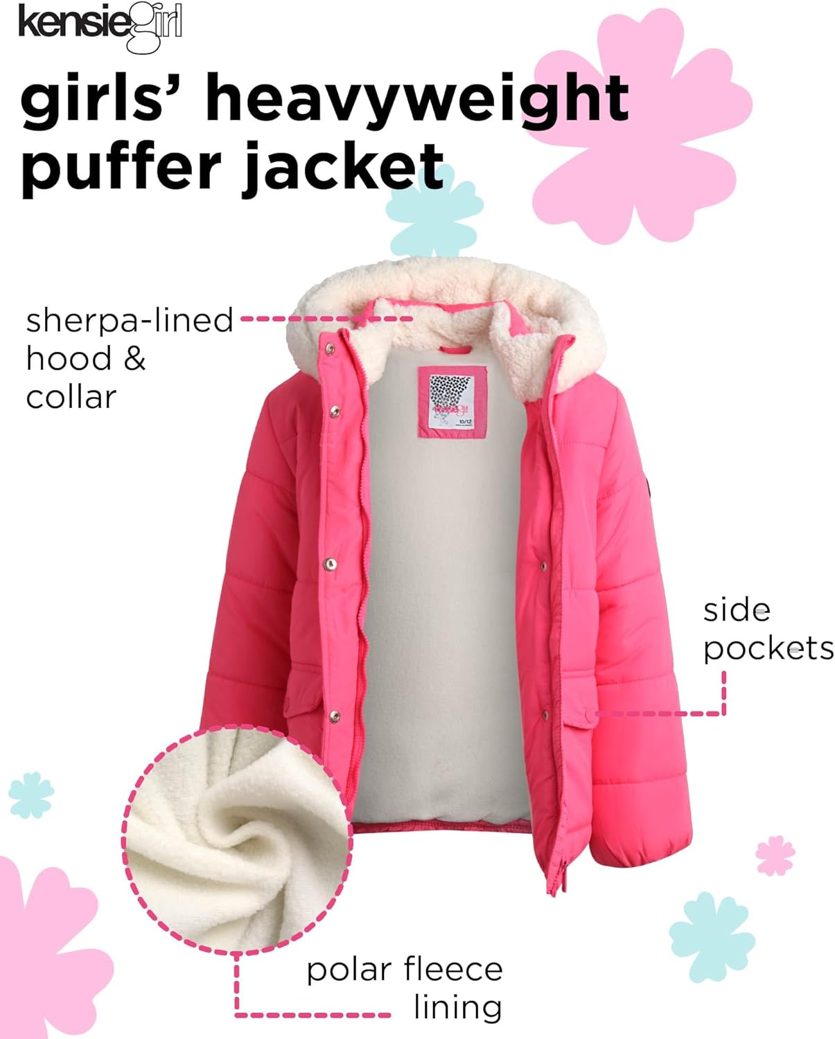 Girls Heavyweight Puffer Jacket - Polar Fleece Lined Winter Jacket for Girls with Sherpa Collar and Hood (7-16)