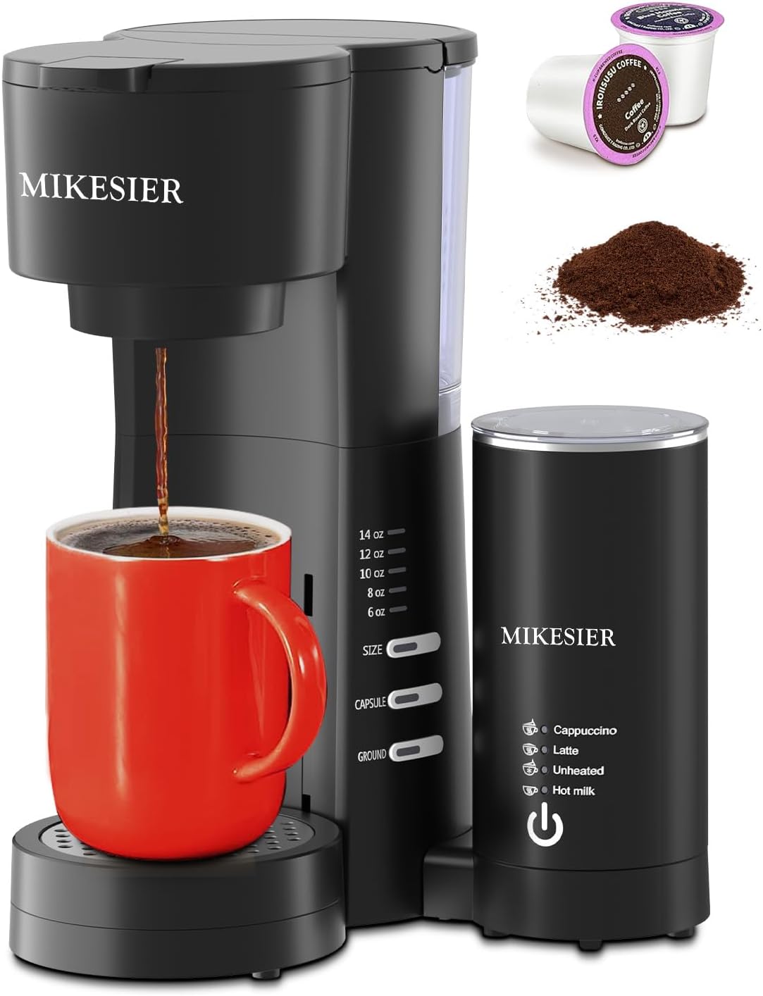 3IN1 Single Serve Coffee Maker for K Cup  Ground, Small Coffee Machine with Milk Frother, 6 to 14oz Brew Size, 28oz Removable Water Tank, Adjustable Drip Tray, for Americano, Latte, Cappuccino