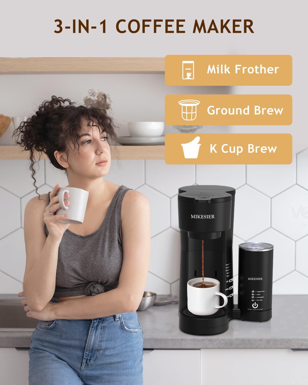 Macchina da caffè monodose 3IN1 per K Cup Ground, macchina da caffè piccola con montalatte, formato da 6 a 14 once, serbatoio d'acqua rimovibile da 28 once, vaschetta raccogligocce regolabile, per Americano, Latte, Cappuccino