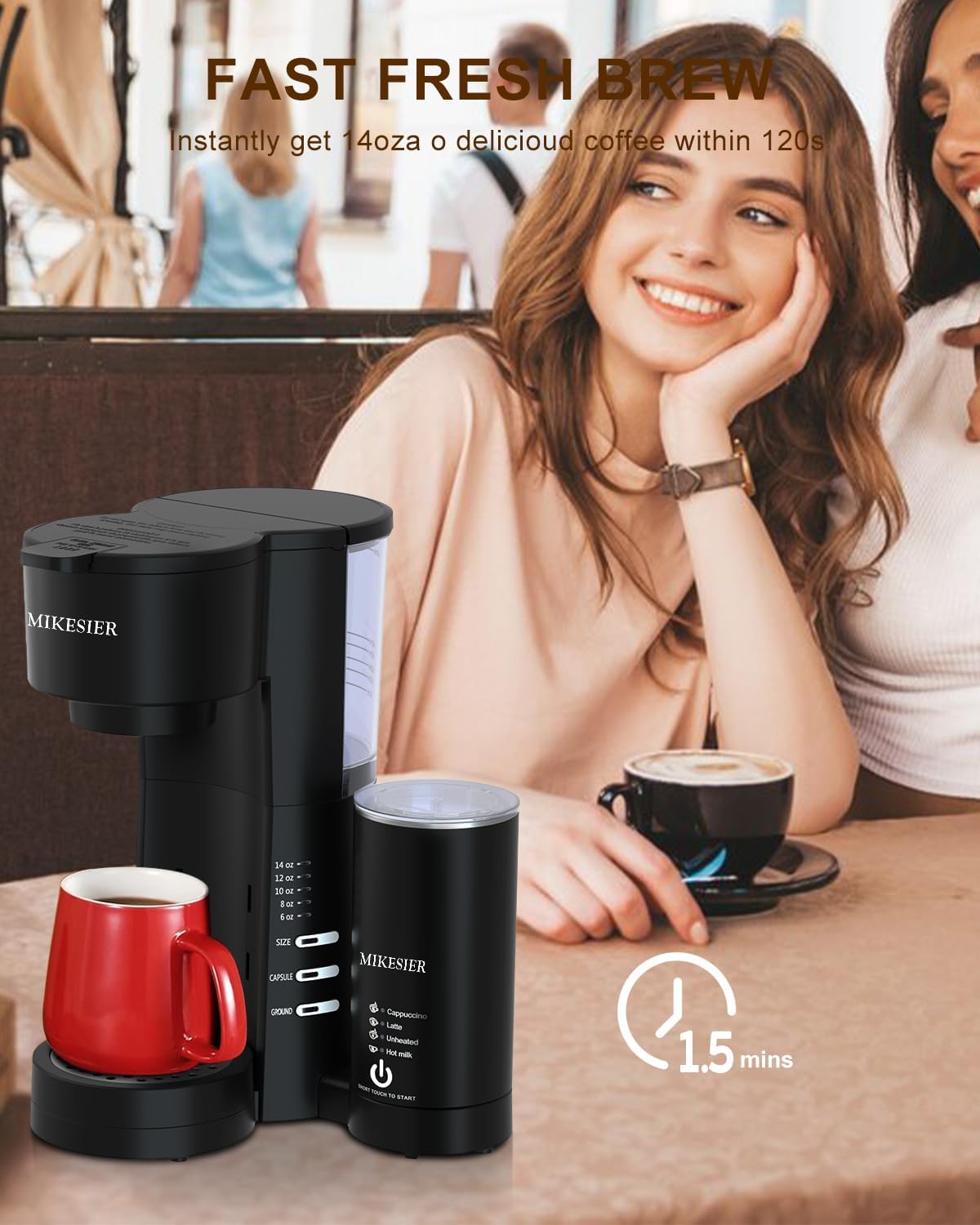 Macchina da caffè monodose 3IN1 per K Cup Ground, macchina da caffè piccola con montalatte, formato da 6 a 14 once, serbatoio d'acqua rimovibile da 28 once, vaschetta raccogligocce regolabile, per Americano, Latte, Cappuccino