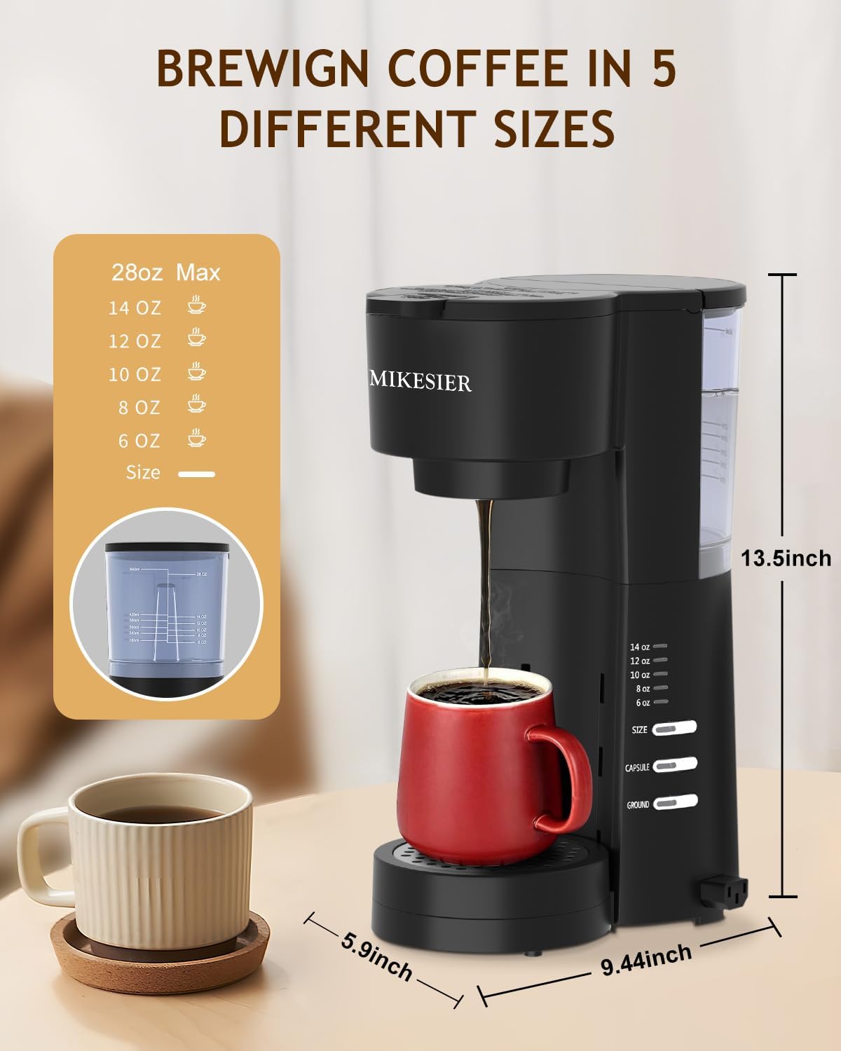 Macchina da caffè monodose 3IN1 per K Cup Ground, macchina da caffè piccola con montalatte, formato da 6 a 14 once, serbatoio d'acqua rimovibile da 28 once, vaschetta raccogligocce regolabile, per Americano, Latte, Cappuccino