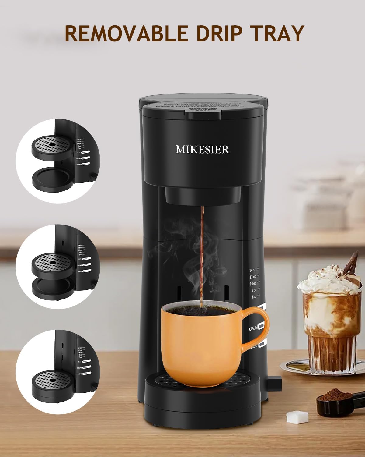 Macchina da caffè monodose 3IN1 per K Cup Ground, macchina da caffè piccola con montalatte, formato da 6 a 14 once, serbatoio d'acqua rimovibile da 28 once, vaschetta raccogligocce regolabile, per Americano, Latte, Cappuccino