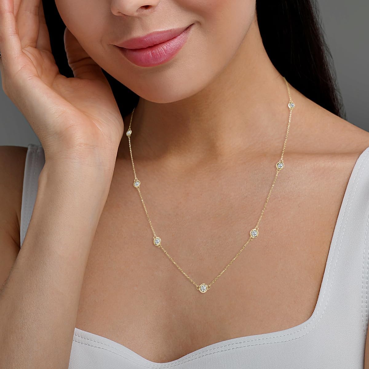 Bezel Set Lab Grown Diamond Station Necklaces in 14K White, Yellow and Rose Gold (Available From 0.25 CTW - 2 CTW) · v3