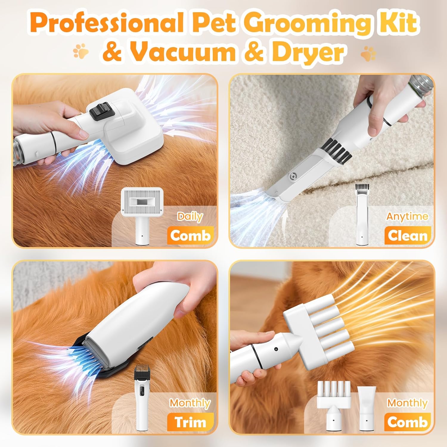 2024 Newest Dog Grooming Vacuum  Dog Electric Clippers amp; Pet Hair Dryer Suction 99% Pet Hair, 3L Large Capacity Dog Vacuum with 5 Grooming Tools, Quiet, Adjustable Airflow and Temperature, UL, Button