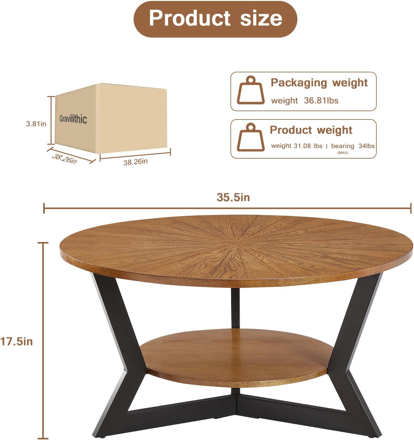 Round Wood Coffee Table for Living Room, 2-Tier Rustic Circle Coffee Table with Storage, Solid Natural Coffee Table with Metal Legs, Radial Pattern 35”x 17” · v2