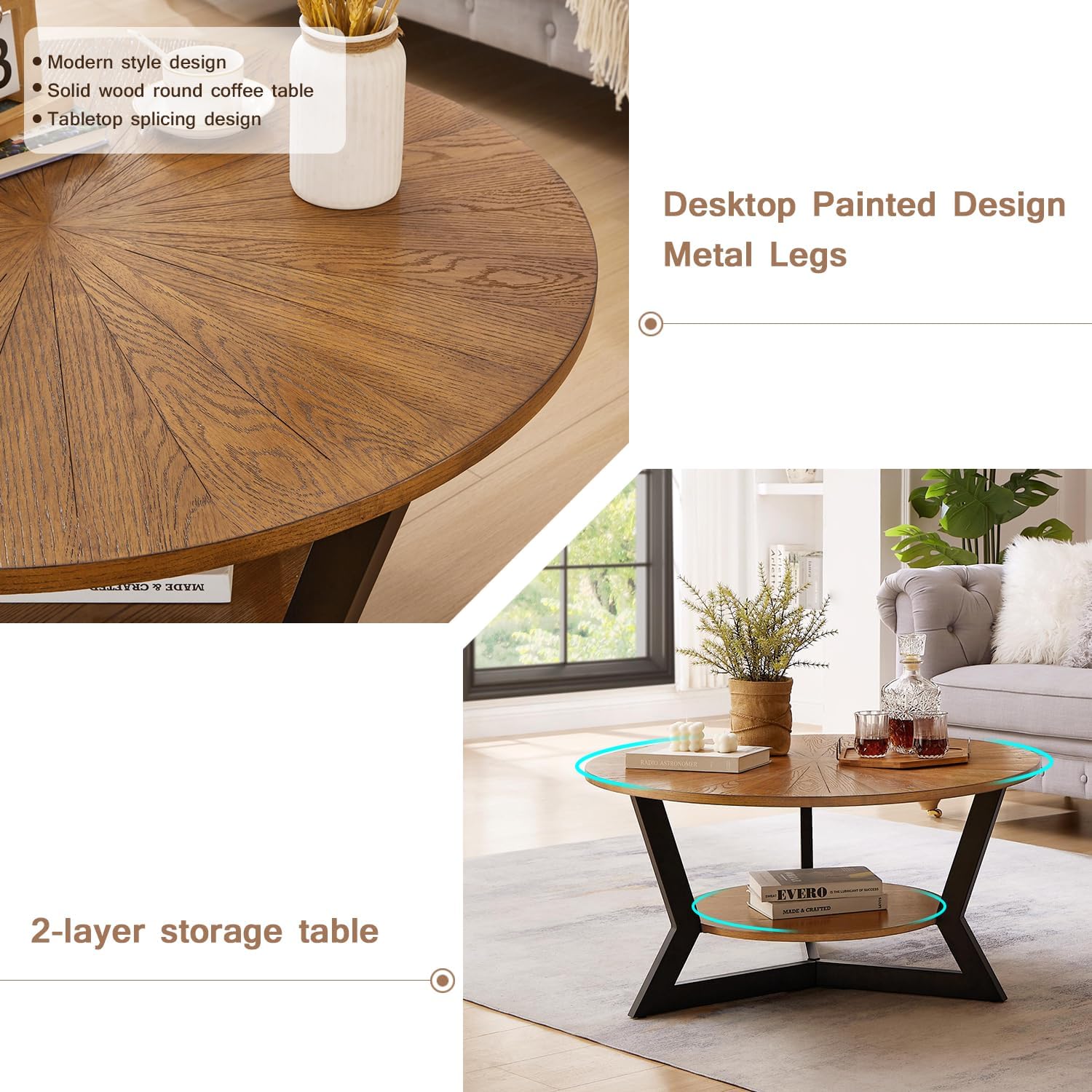 Round Wood Coffee Table for Living Room, 2-Tier Rustic Circle Coffee Table with Storage, Solid Natural Coffee Table with Metal Legs, Radial Pattern 35”x 17” · v2