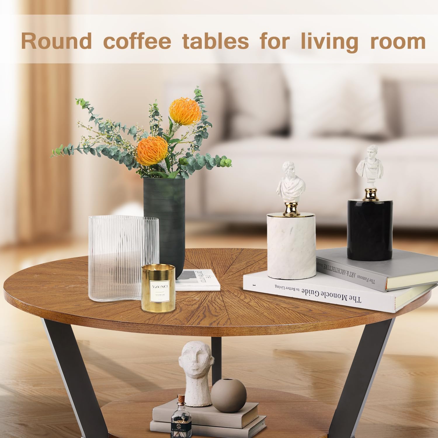 Round Wood Coffee Table for Living Room, 2-Tier Rustic Circle Coffee Table with Storage, Solid Natural Coffee Table with Metal Legs, Radial Pattern 35”x 17” · v2
