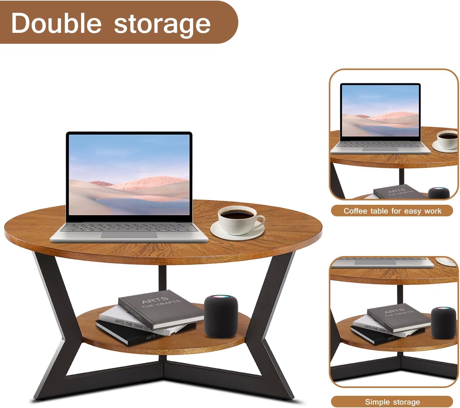 Round Wood Coffee Table for Living Room, 2-Tier Rustic Circle Coffee Table with Storage, Solid Natural Coffee Table with Metal Legs, Radial Pattern 35”x 17” · v2